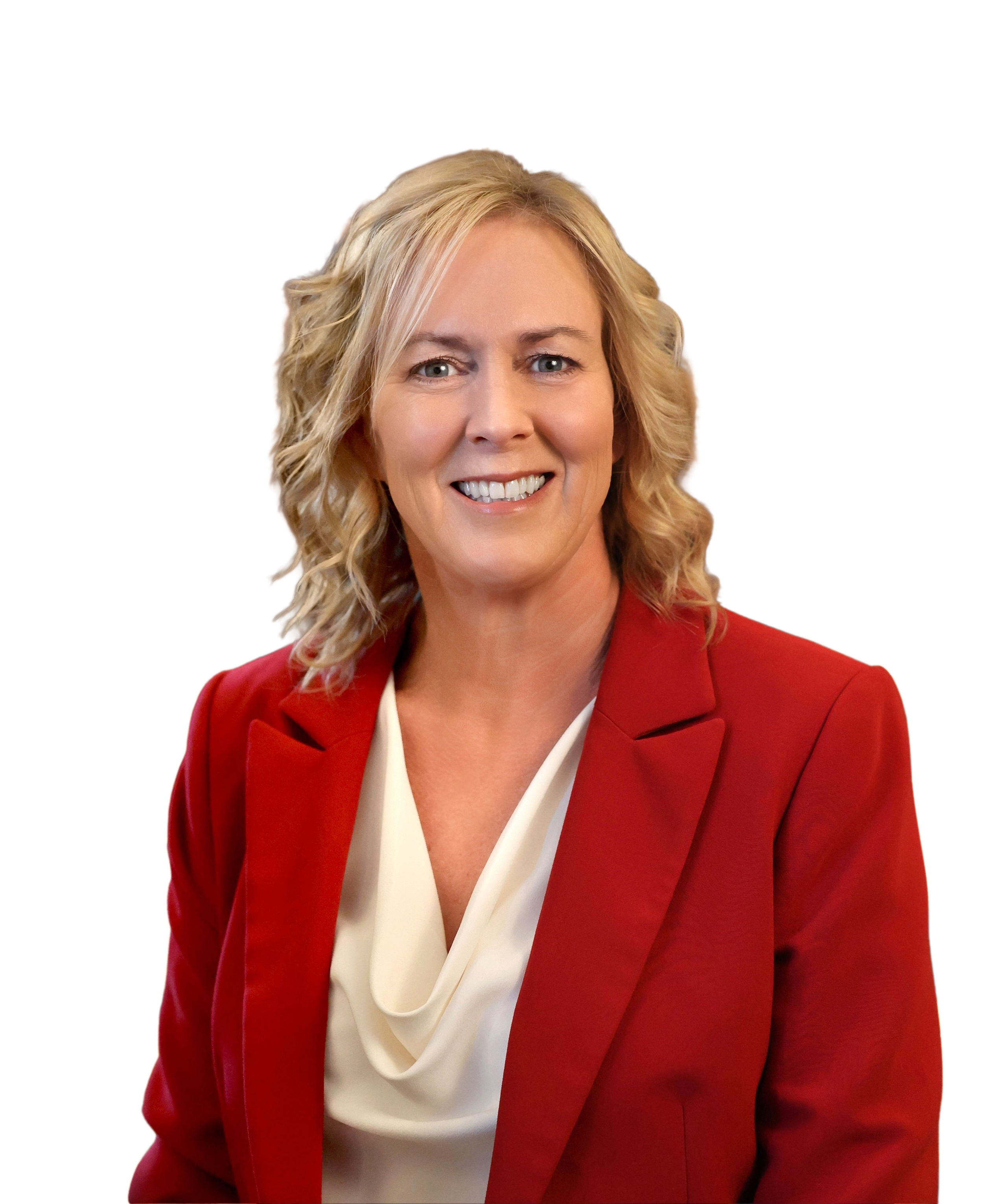 Missouri First Lady Claudia Kehoe. A woman with blonde, wavy hair wearing a red blazer and a cream-colored blouse, smiling at the camera.