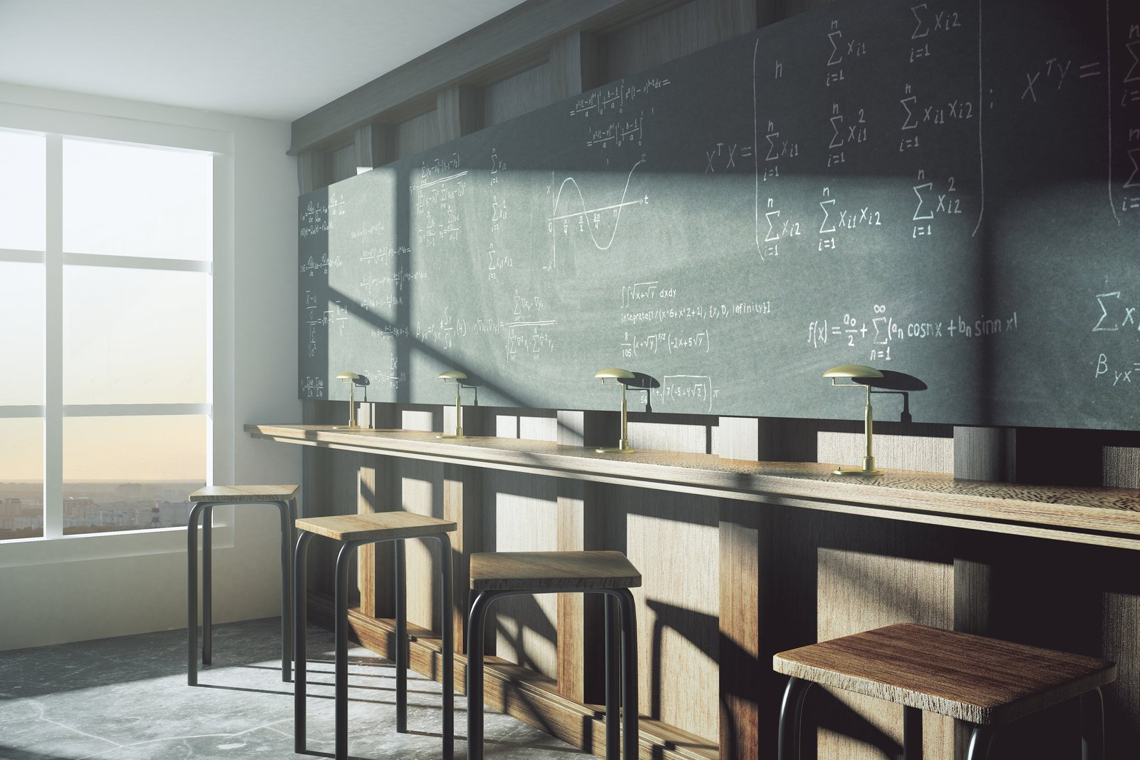 Illustration of an empty study room with stools and a chalkboard covered in mathematical equations.
