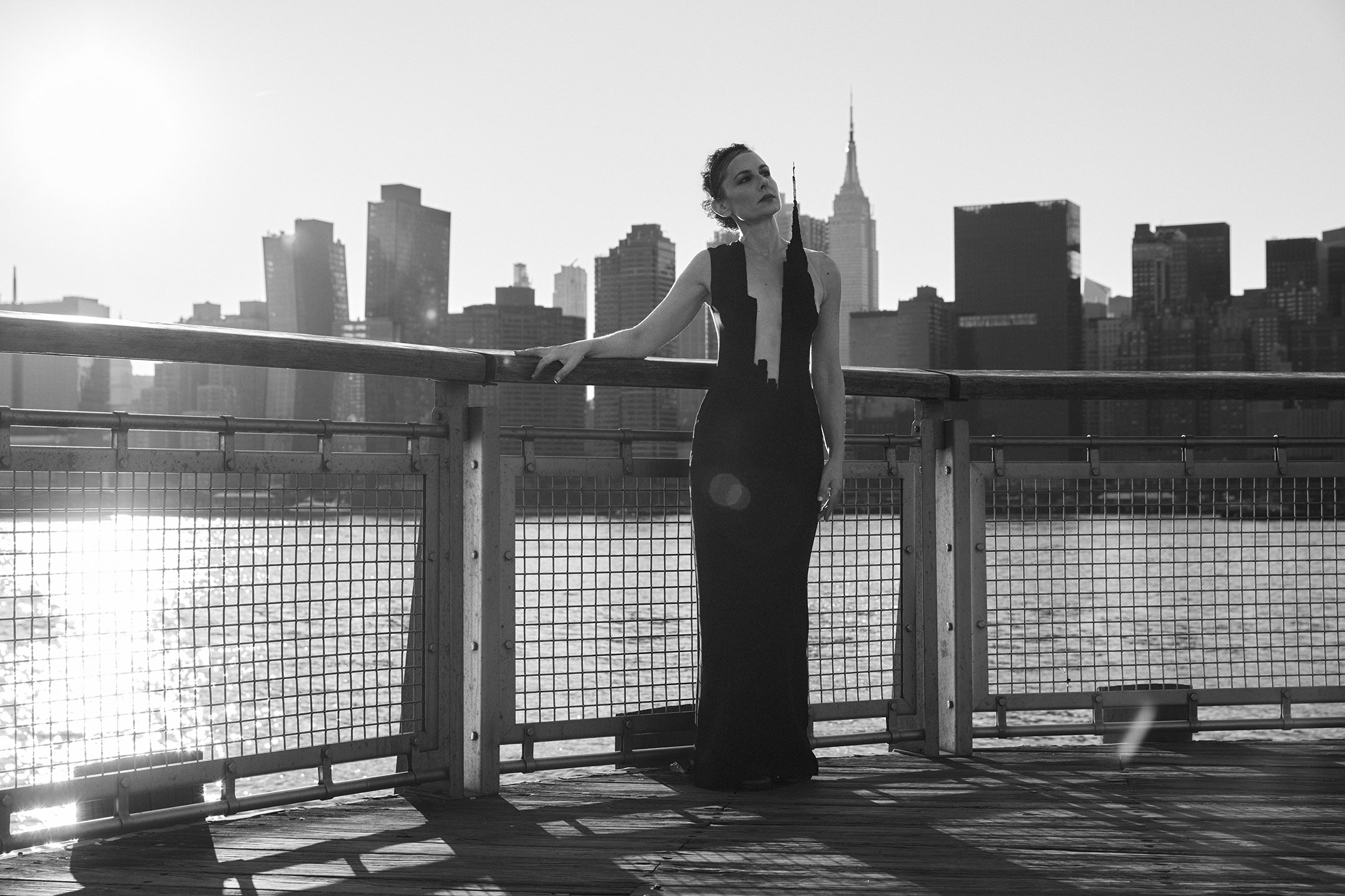 Nicky Conti wearing the Empeiria architectural couture dress inspired by the Empire State Building, photographed in New York City