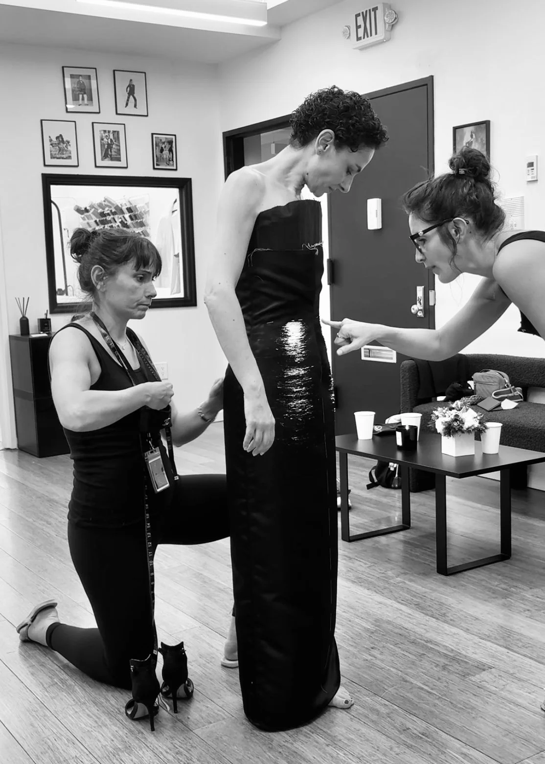 Nicky Conti during a fitting with Estelle Chatorrier and Sarah Esmoingt at the atelier, working on the construction of the Dazziliance garment