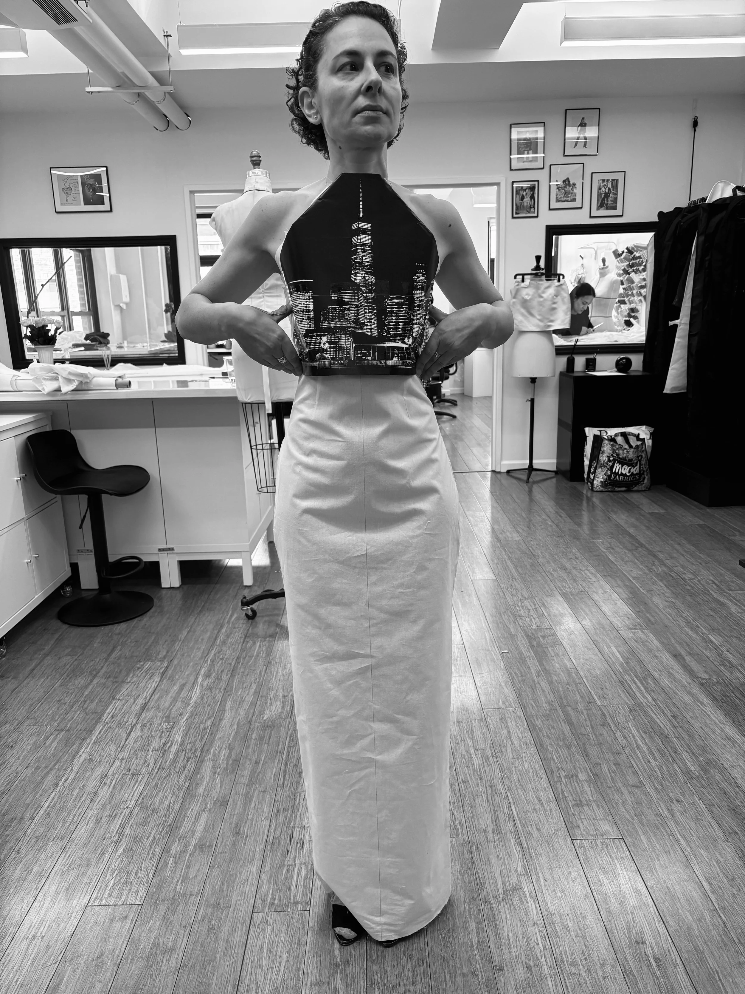 Nicky Conti during a fitting wearing a muslin prototype of the Dazziliance top and skirt as the garment structure is tested