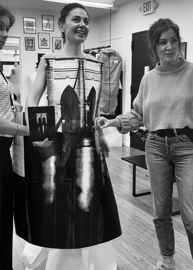 Nicky Conti during a muslin and paper prototype fitting at atelier in New York City with Estelle Chatorrier and Sarah Esmoingt