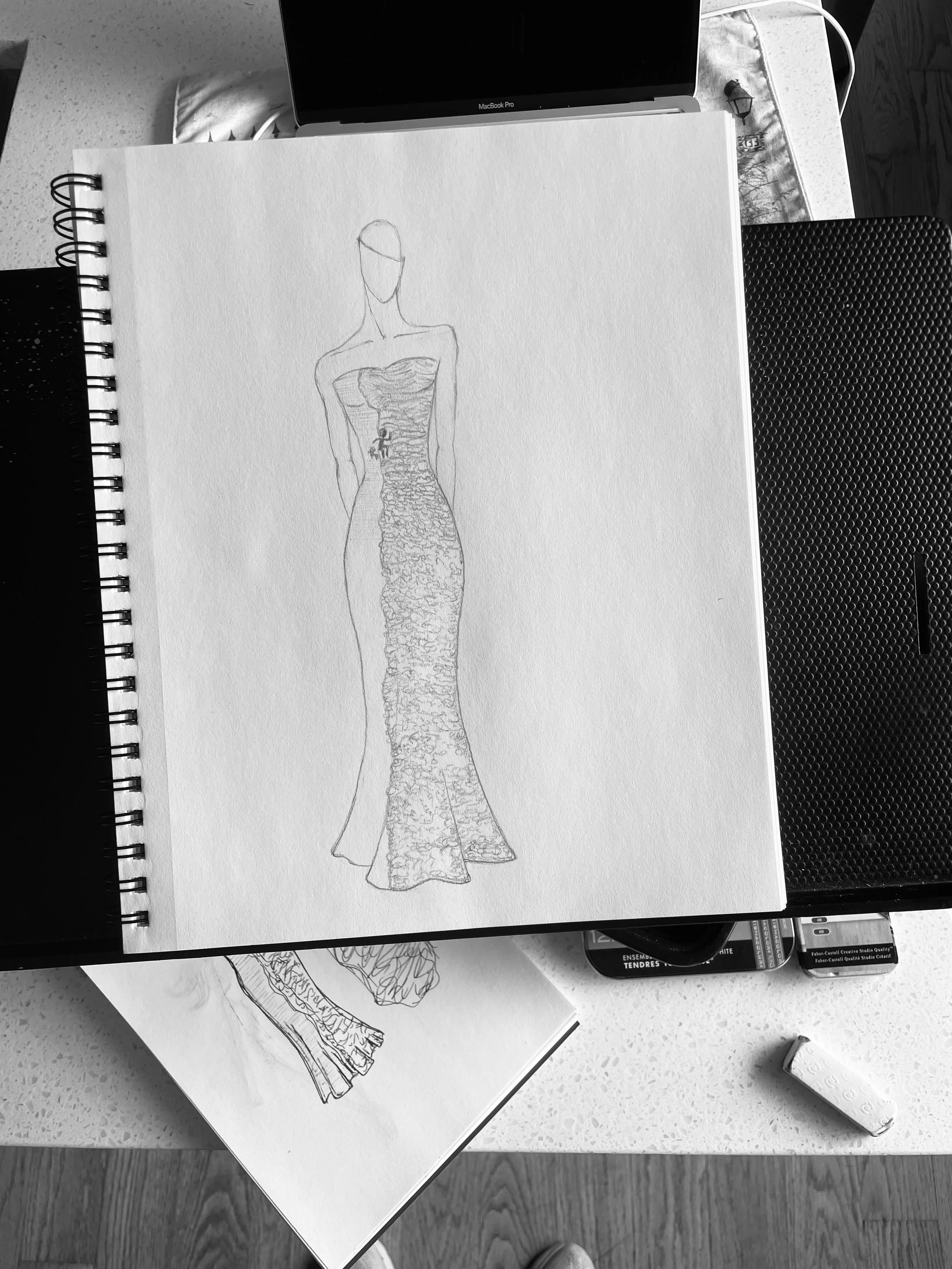 Sketch of the Memoria dress design inspired by a photograph of the Coney Island shoreline