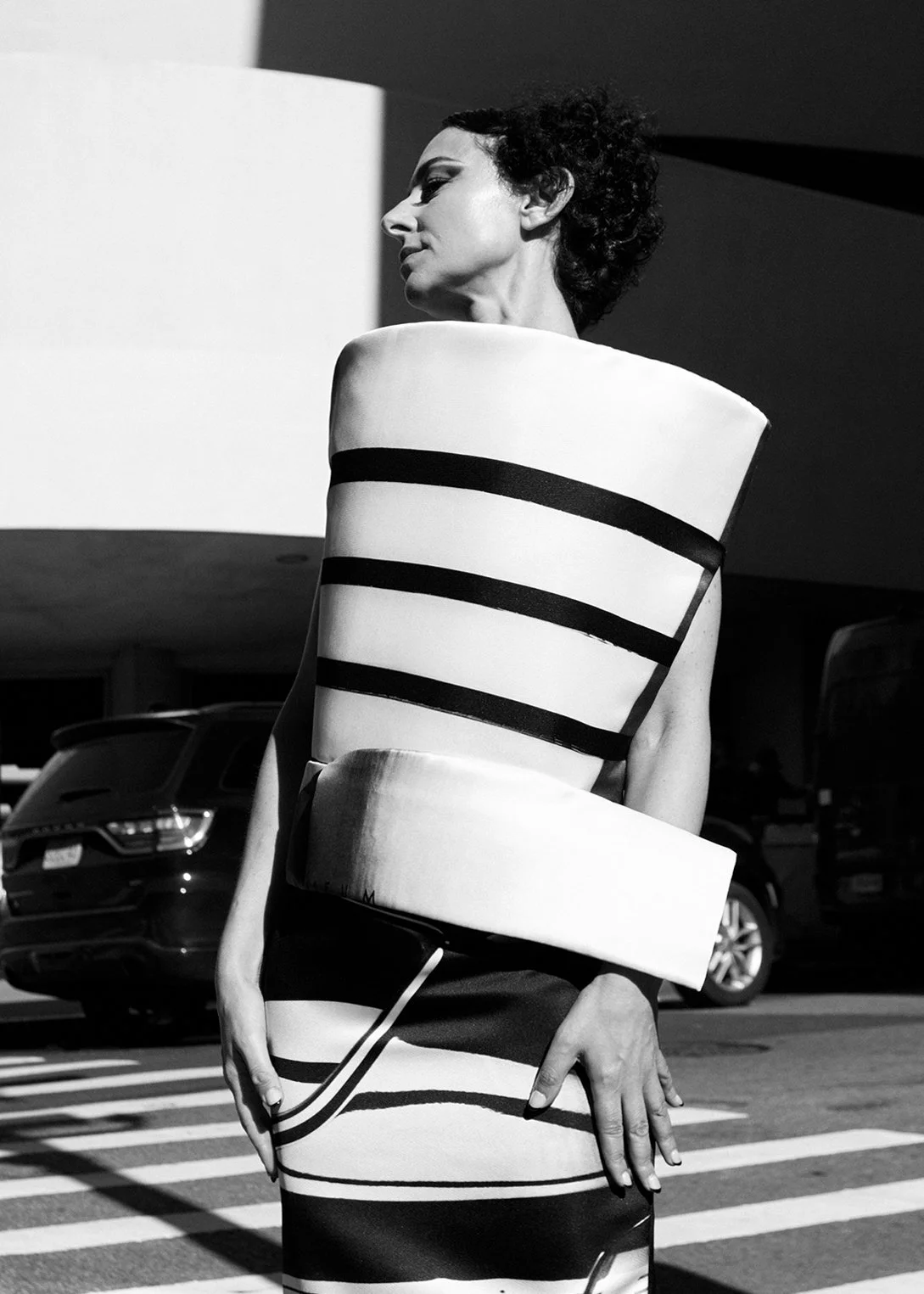 Nicky Conti wearing the Ziggura sculptural couture look inspired by the Guggenheim, photographed in New York City