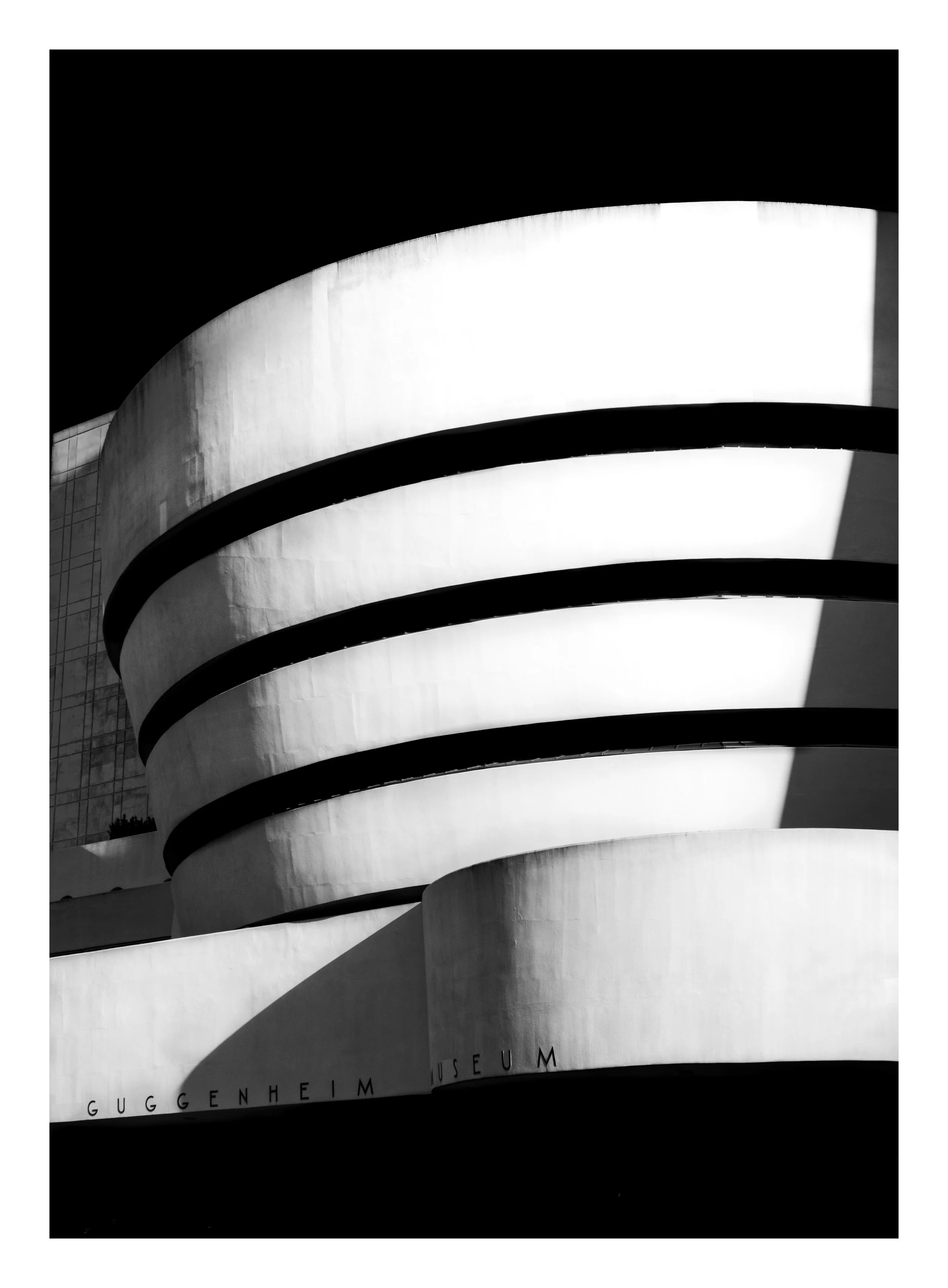 Nicky Conti's Black and white photograph of the Guggenheim Museum's spiral exterior architectural design.