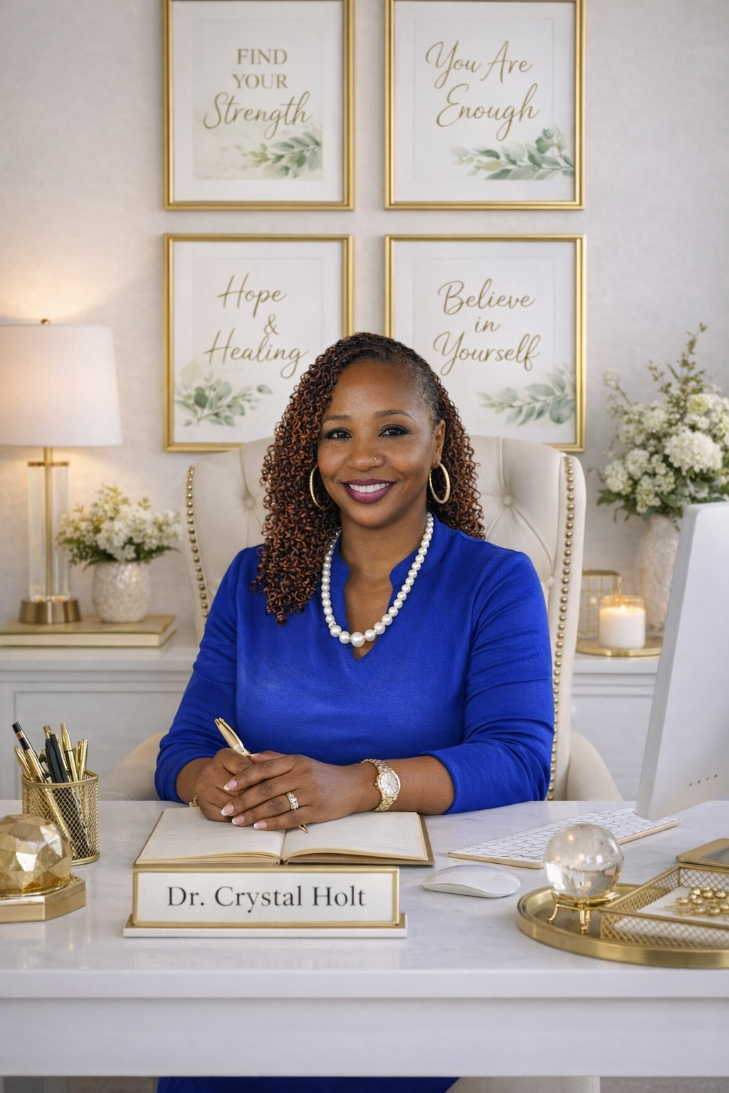 A woman with curly hair smiling and sitting at a white desk in an office, wearing a blue dress, pearl necklace, and gold jewelry, with motivational quotes on the wall behind her and office decor around her.