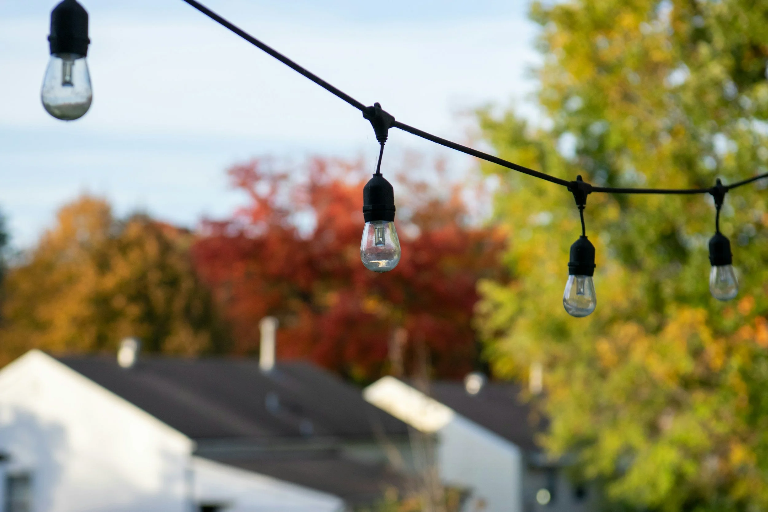 String of outdoor string lights with clear bulbs, hanging above a suburban neighborhood with trees in fall foliage.
