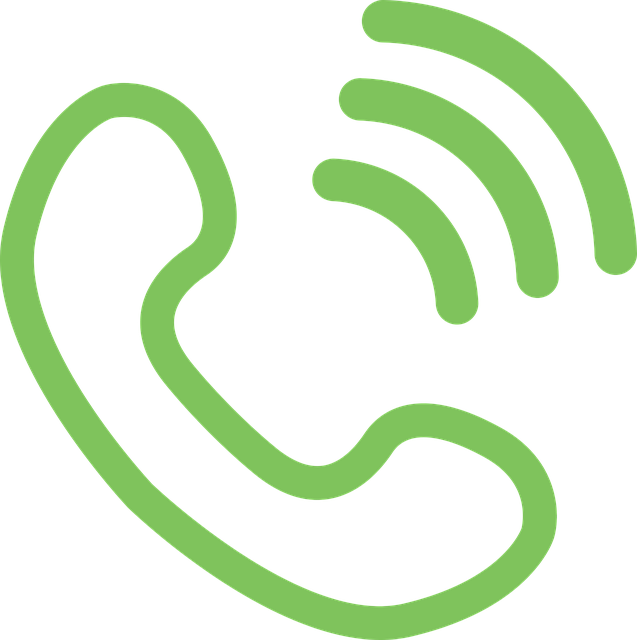 Green icon of a telephone receiver with sound waves indicating a call or phone communication.