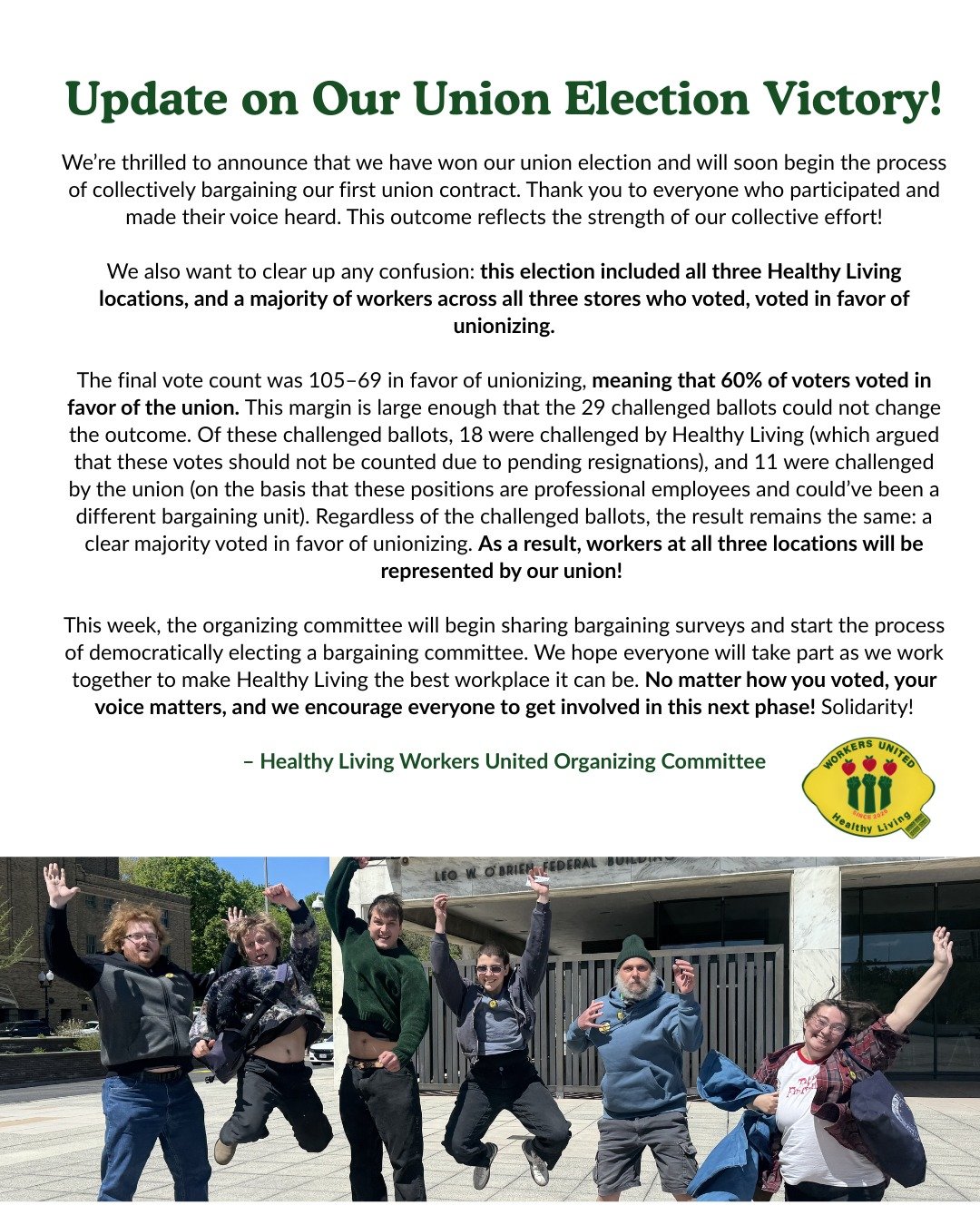 We&rsquo;re thrilled to announce that we have won our union election and will soon begin the process of collectively bargaining our first union contract. Thank you to everyone who participated and made their voice heard. This outcome reflects the str