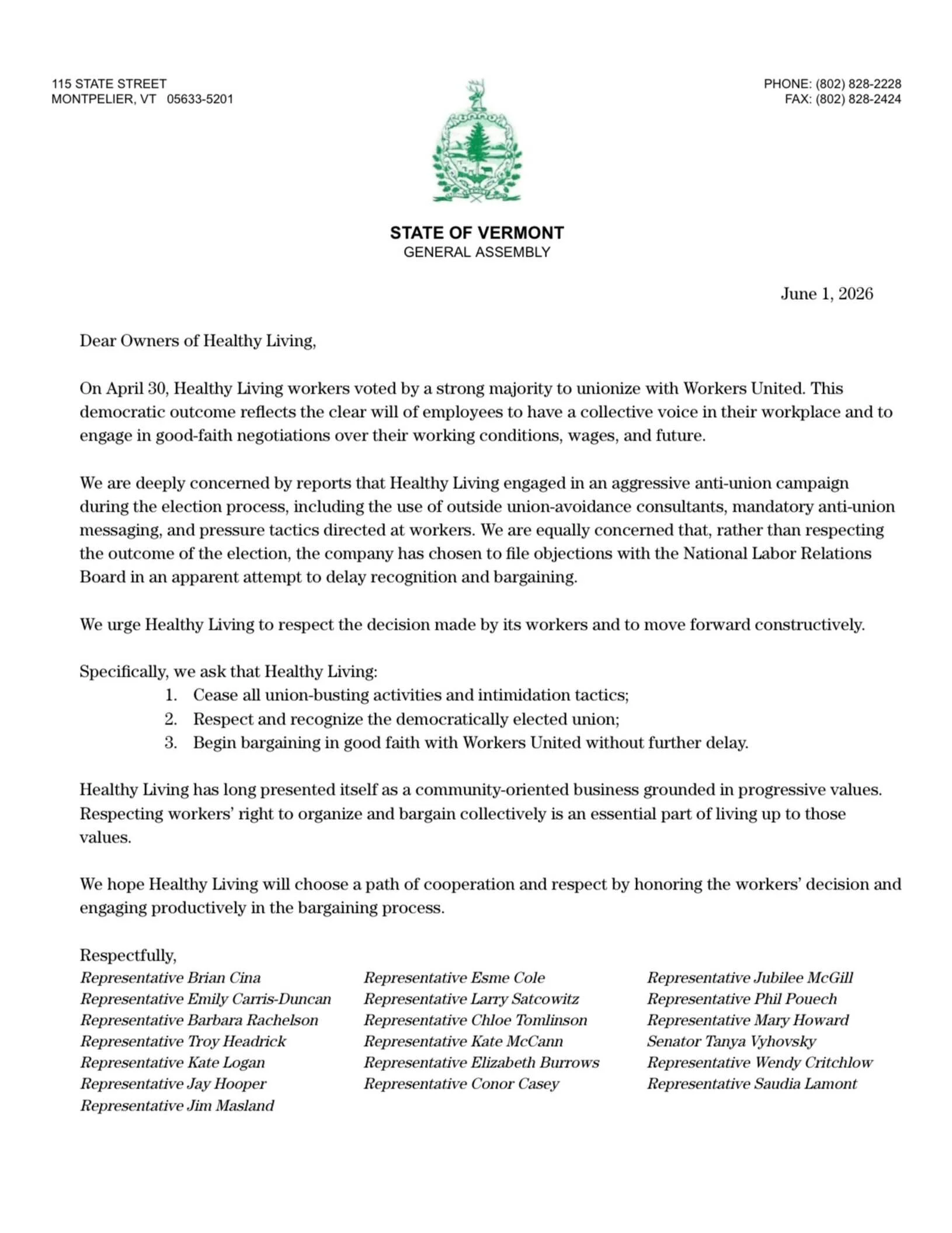 Thank you to Representatives and Senators of the Vermont General Assembly for standing in solidarity with our fight for a fair contract! We hope that @healthy.living.market does the right thing and begins bargaining for a fair contract!