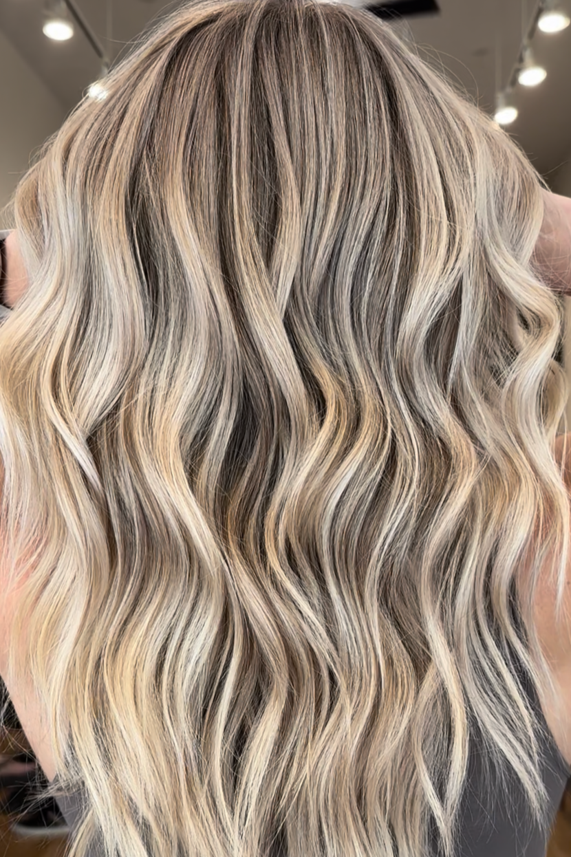 Close-up of wavy blonde hair showing highlights and lowlights.