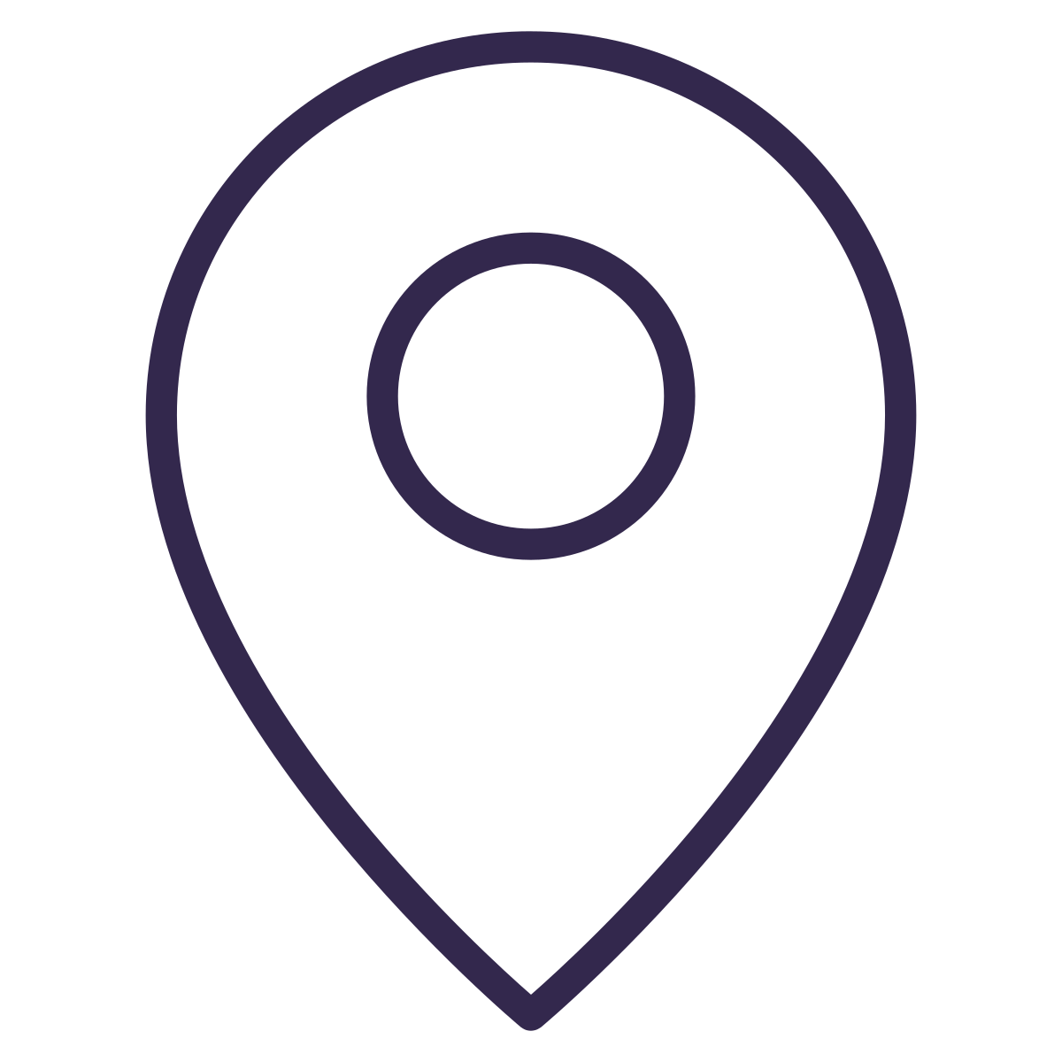 A digital map pin icon in purple on a black background.