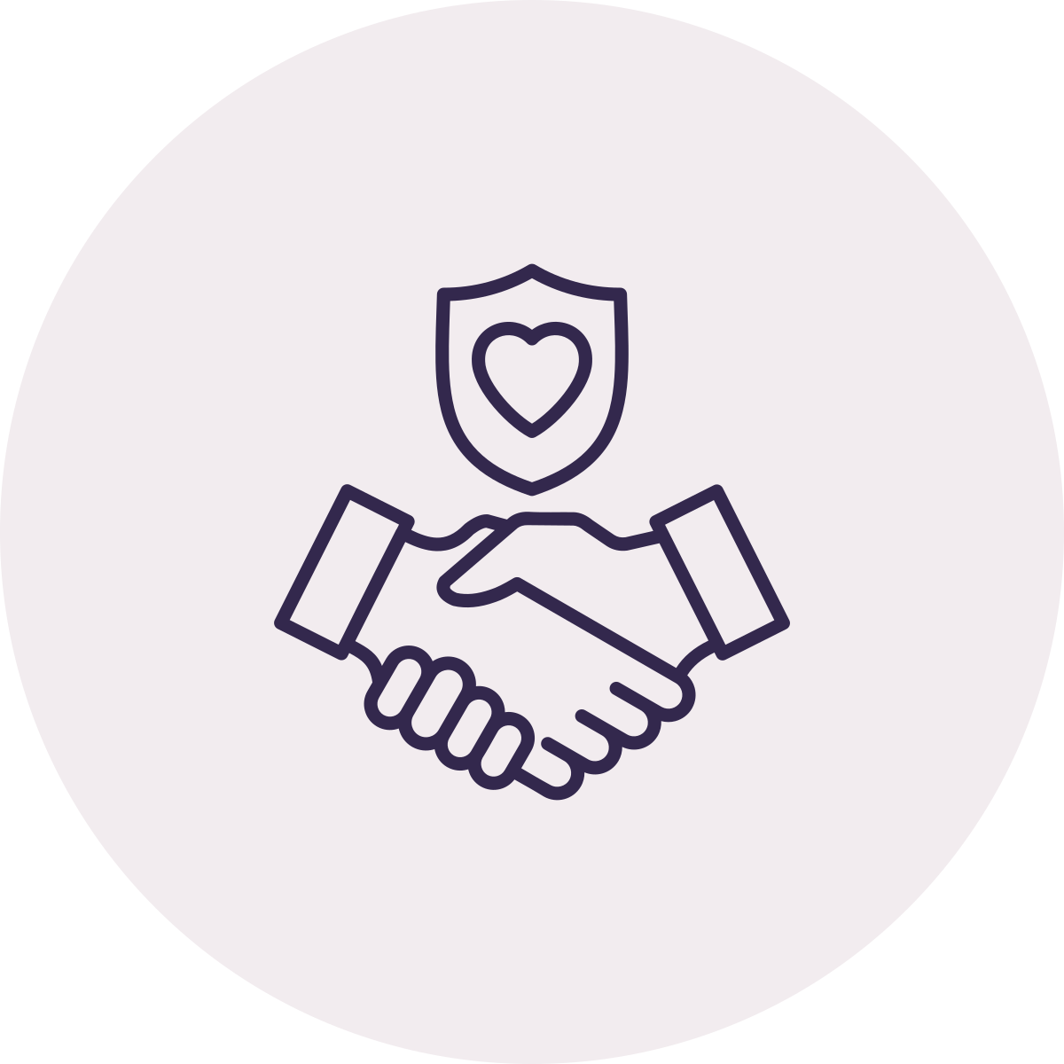 Line art illustration of a handshake with a shield containing a heart above it, symbolizing protection and care.