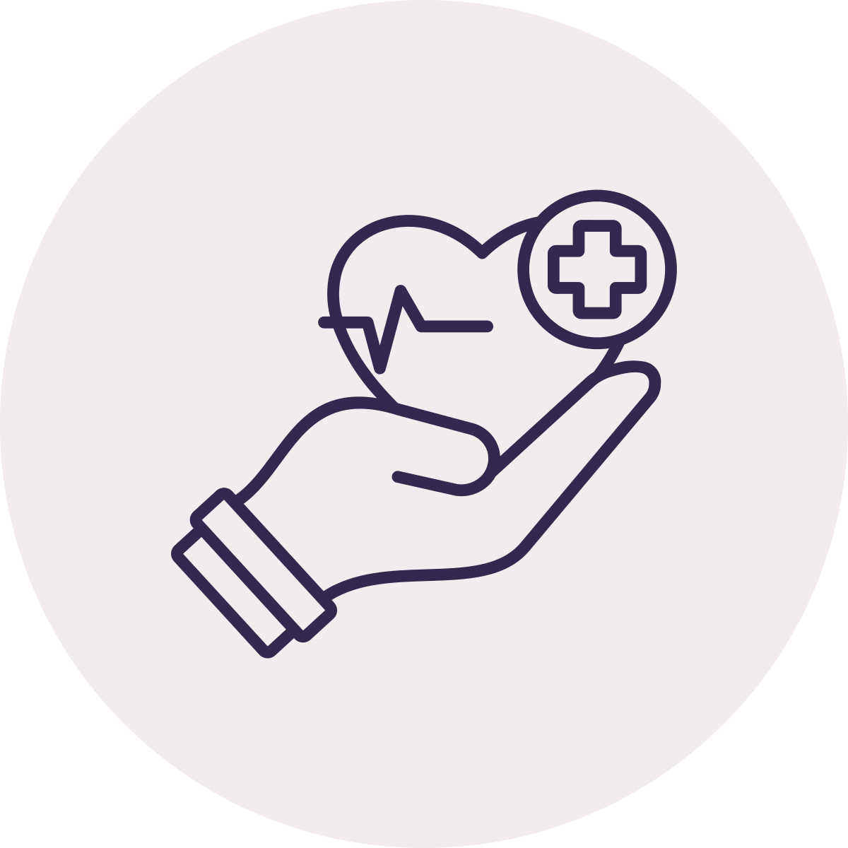Outline of a hand holding a heart with a pulse line and a medical cross symbol, representing healthcare or medical aid.
