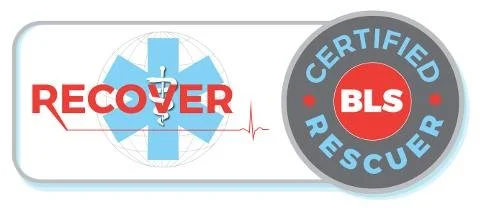 Logo for BLS Certified Rescuer with a medical symbol, heartbeat line, and an emergency medical symbol, emphasizing recovery and certification.