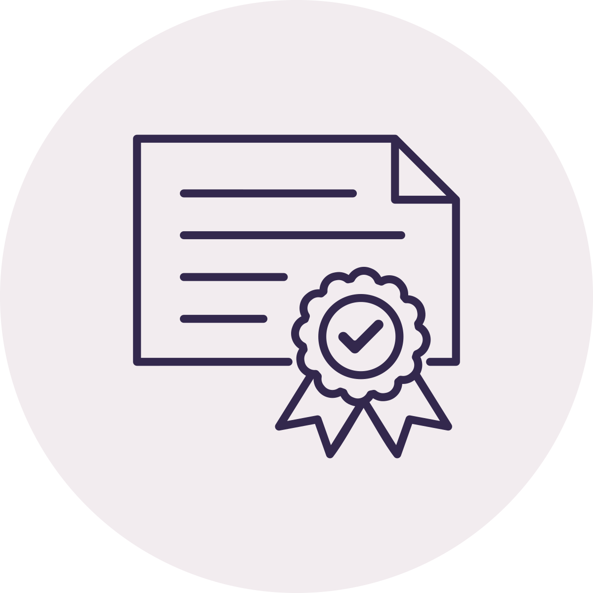 Icon of a certificate with a ribbon and checkmark inside a circle, symbolizing certification or achievement.