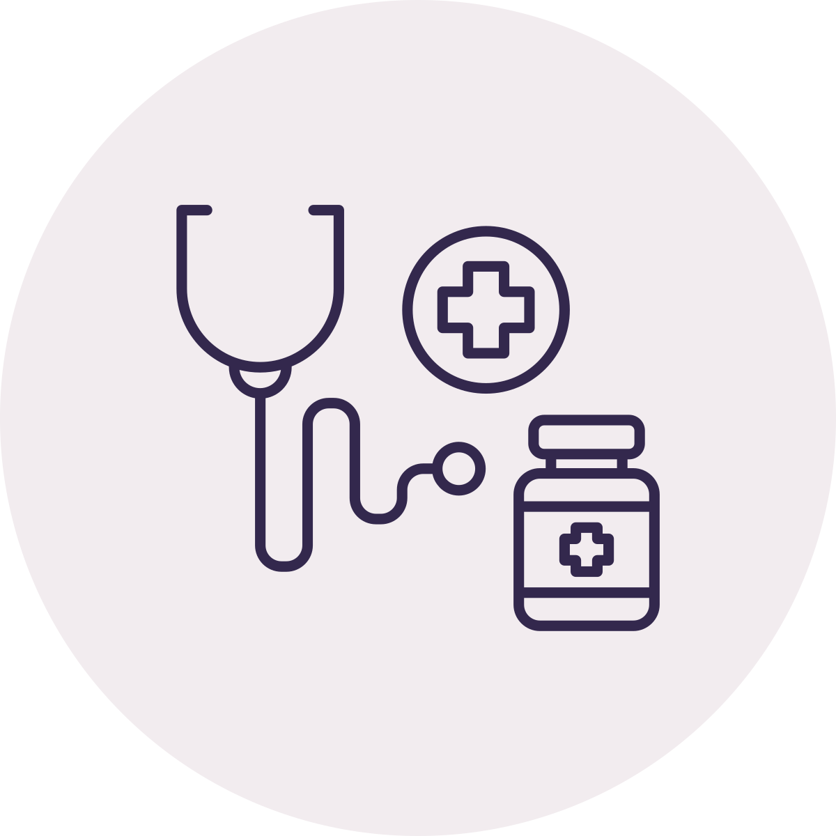 Medical icon with a stethoscope, a first aid cross, and a medicine bottle, representing healthcare or medical supplies.