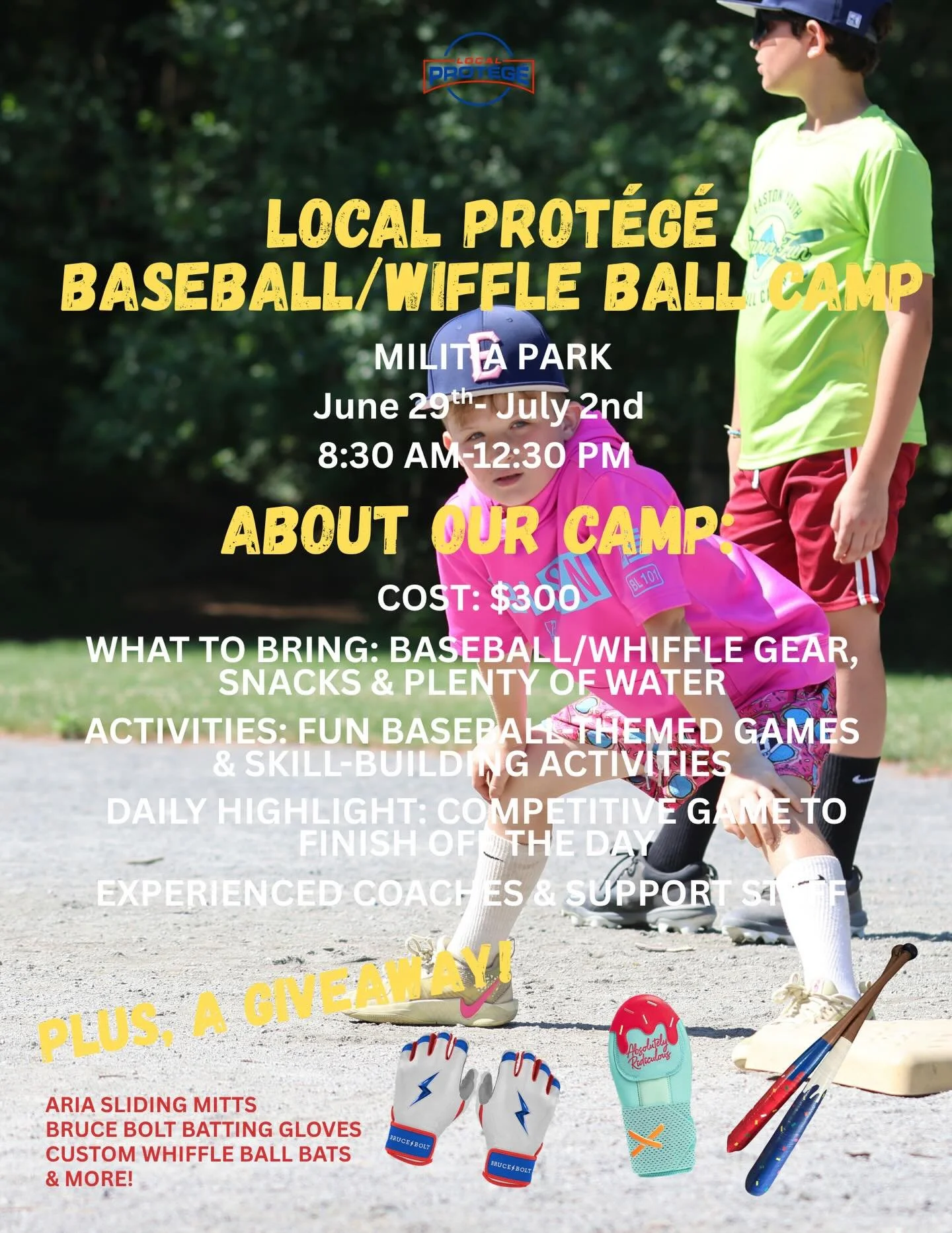 Red, white &amp; BASEBALL 🇺🇸⚾ Local Prot&eacute;g&eacute; Camp is June 29 &ndash; July 2 at Militia Park!

Local Prot&eacute;g&eacute; Baseball/Wiffle Ball Camp is BACK and we&rsquo;re going all-American this summer 🦅

📅 June 29th &ndash; July 2n