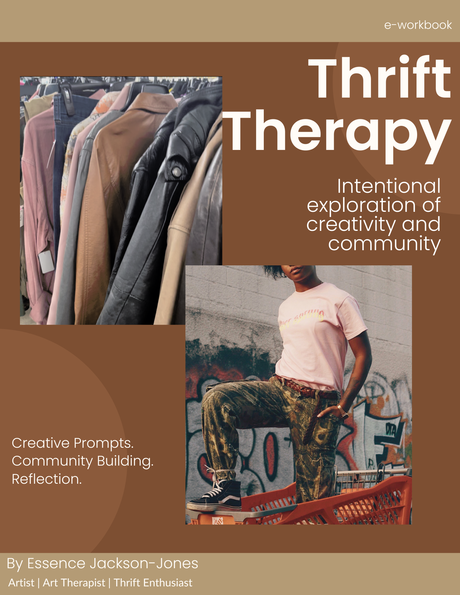 E-workbook titled "Thrift Therapy" features a cover with images of hanging clothes and a woman standing on a shopping cart against a graffiti background.