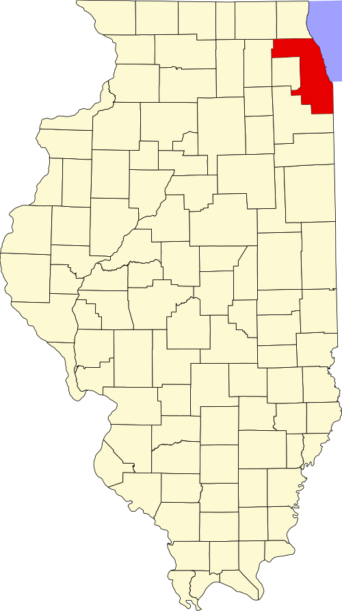 Map of Illinois with the populated city of Chicago highlighted in red.