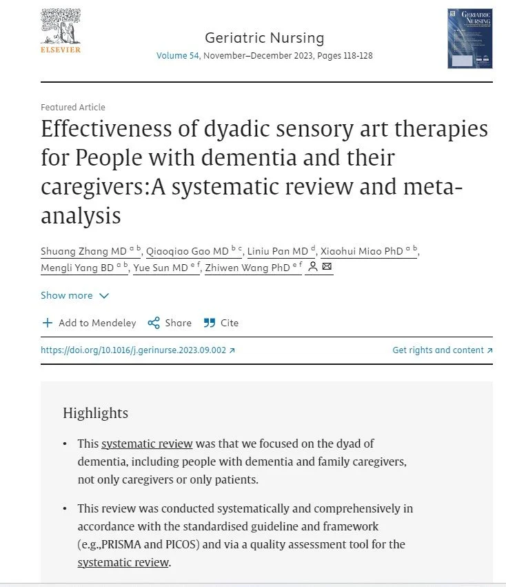 Screenshot of an academic journal article entitled 'Effectiveness of dyadic sensory art therapies for People with dementia and their caregivers: A systematic review and meta-analysis' from Geriatric Nursing, volume 54, November-December 2023, pages 118-128, with authors listed, and the Elsevier logo at the top left.