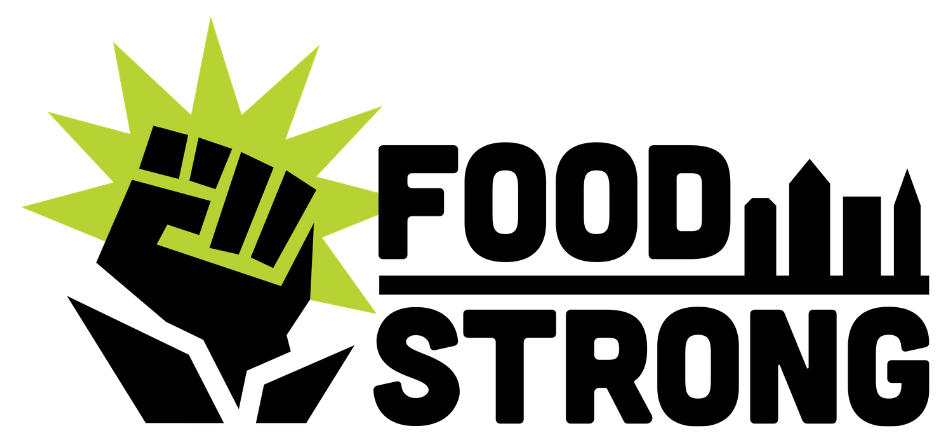 Comic style explosion with the word 'Food Strong' in black capital letters on a lime green background.