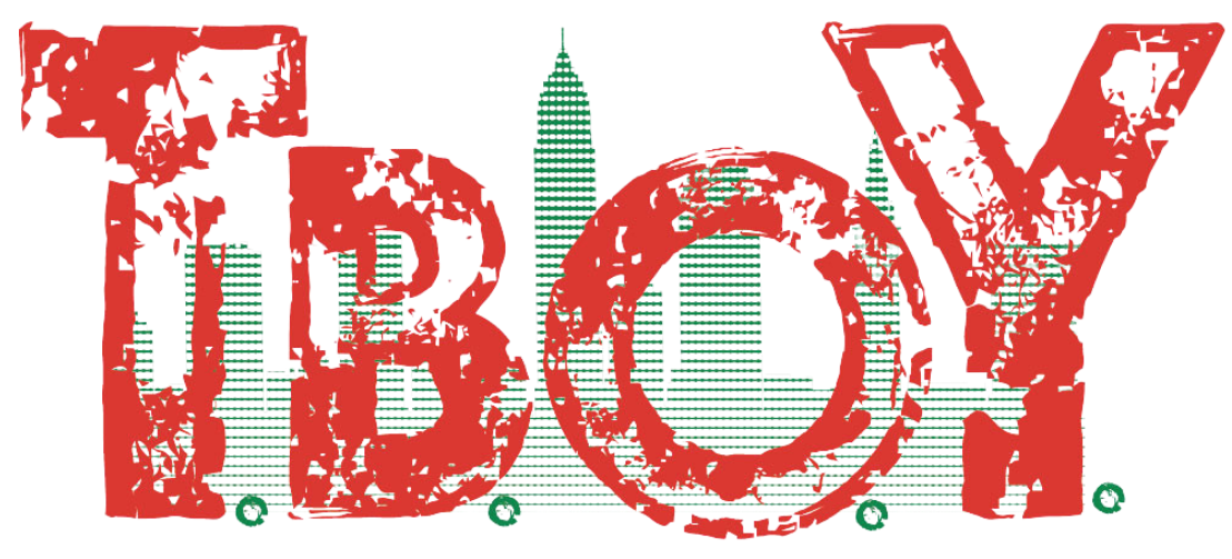 TBOY spelled out in large, red, distressed letters with a city skyline in the background.