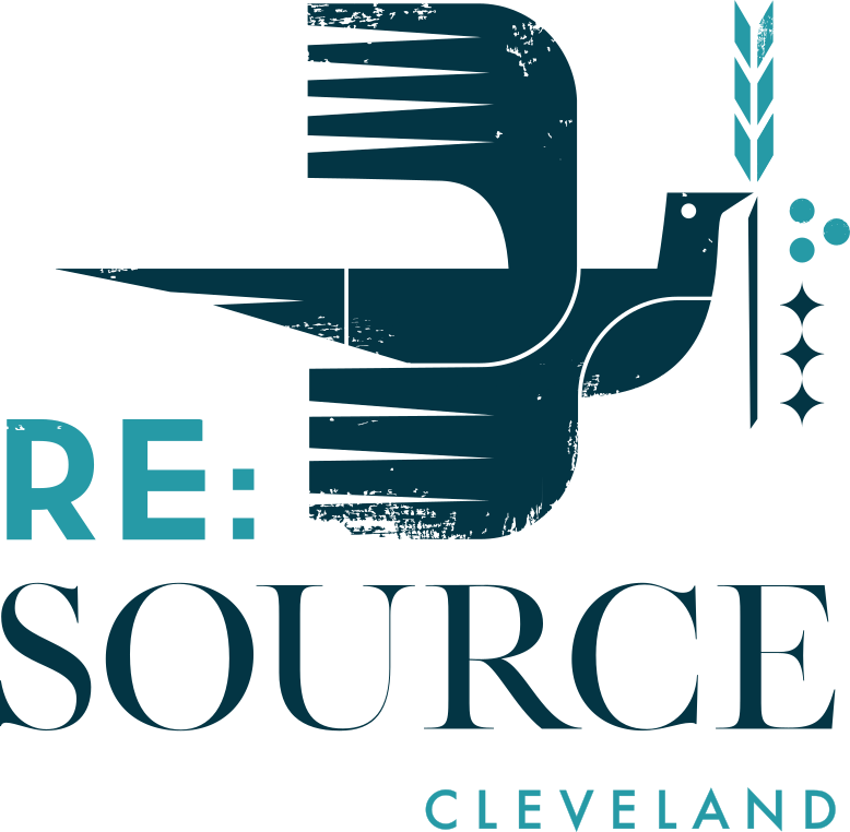 A stylized illustration of a dove with wings spread, accompanied by the text 'RE: SOURCE CLEVELAND' and decorative elements like leaves and stars.