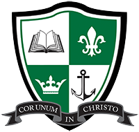 A university crest with a green shield divided into four sections: an open book, a fleur-de-lis, a crown, and an anchor, along with a banner reading 'For Unum in Christo'.