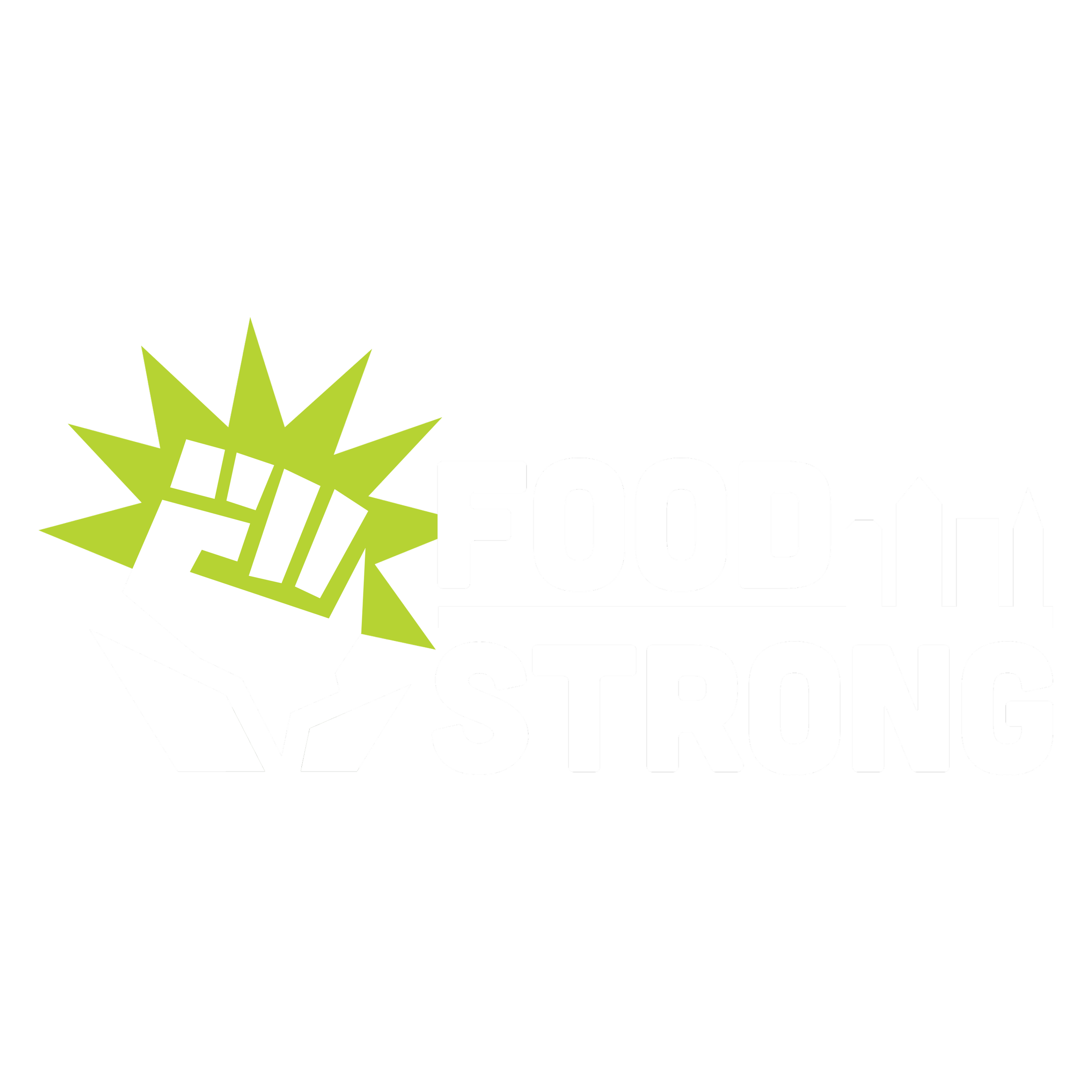 Background with a green and white clenched fist icon and the words 'FOOD-Strong' in white capital letters.