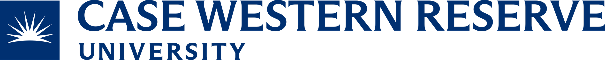 Logo of Case Western Reserve University with a white stylized sunburst on a blue background.