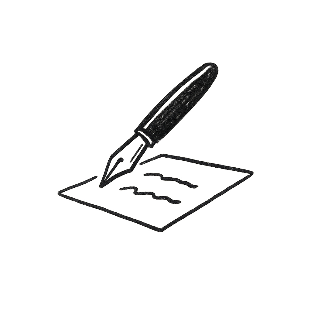 An illustration of a fountain pen writing on a sheet of paper.