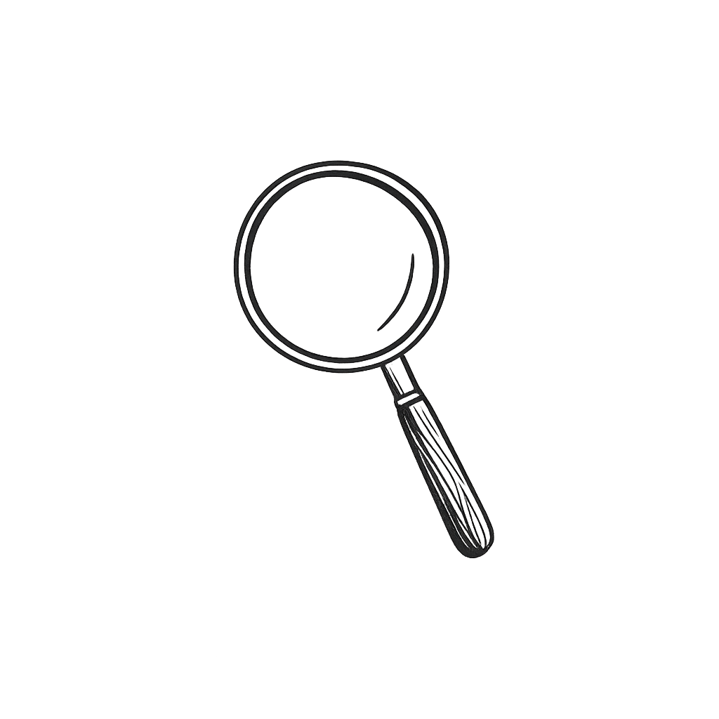Black and white illustration of a magnifying glass with a wooden handle.