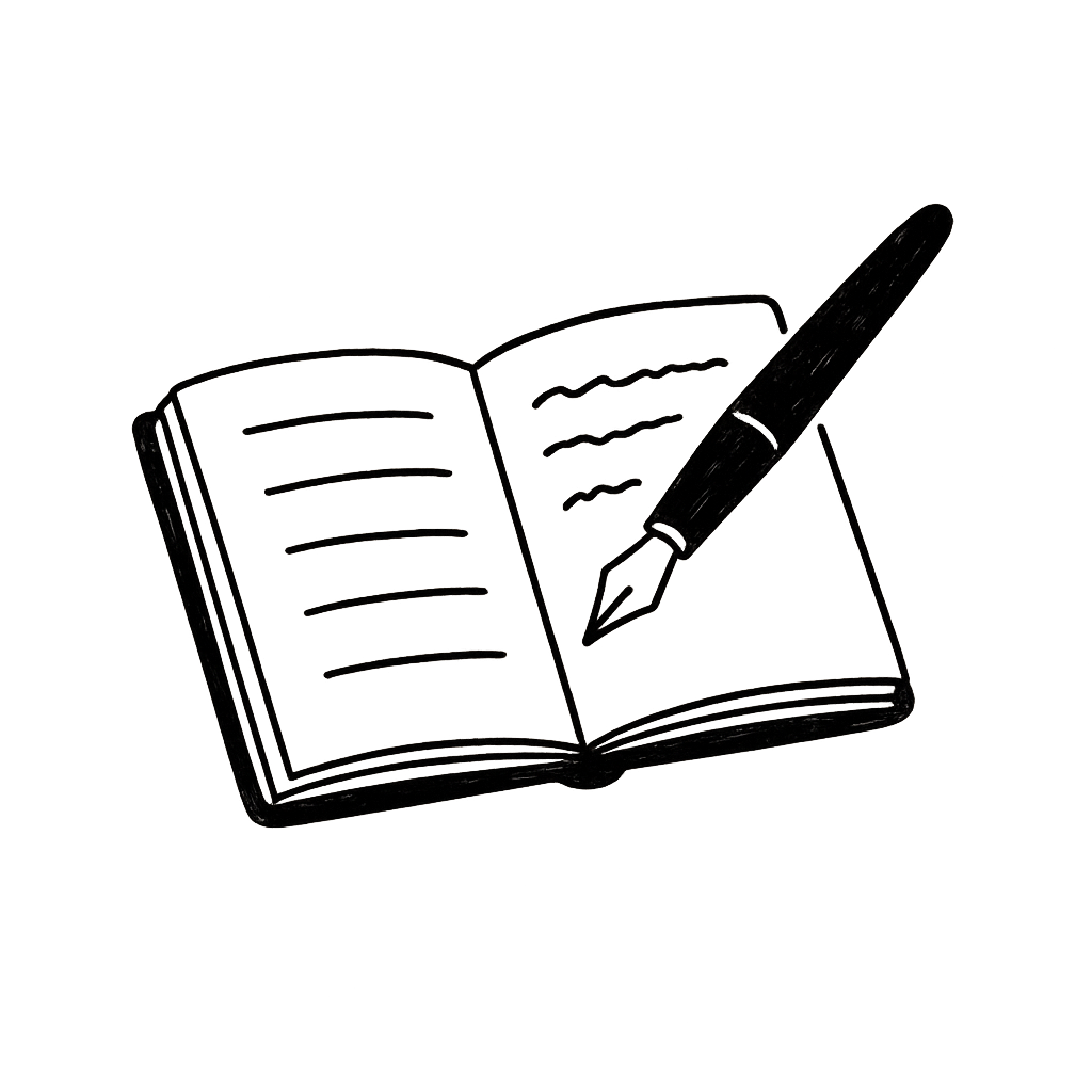 Outline drawing of an open book with a fountain pen resting on it.
