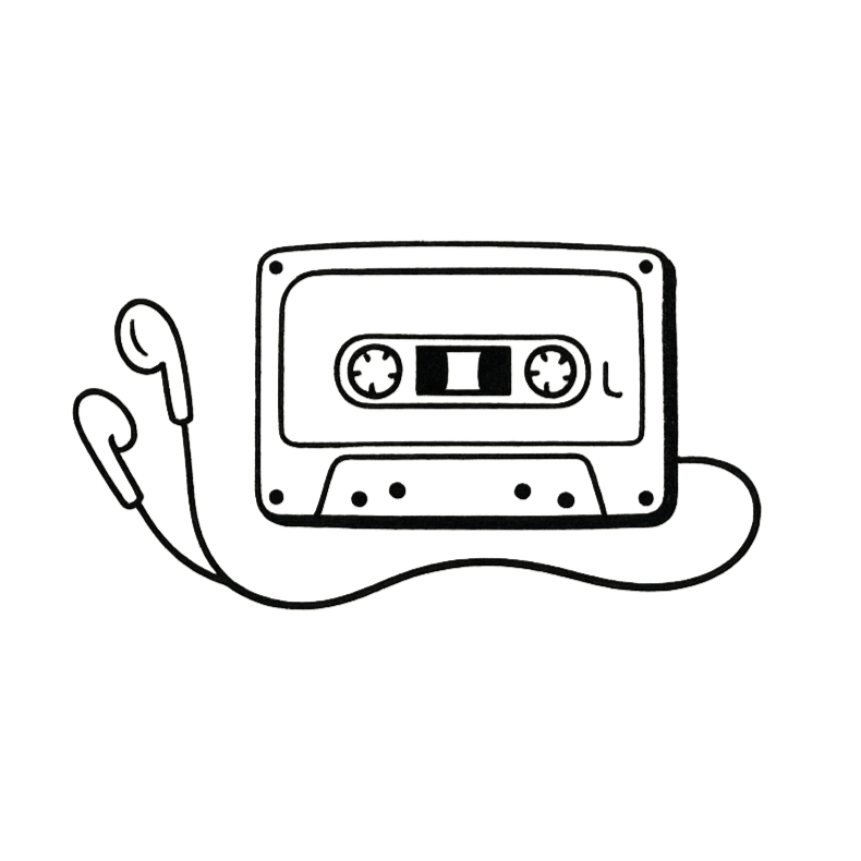 Outline illustration of a cassette tape with headphones.