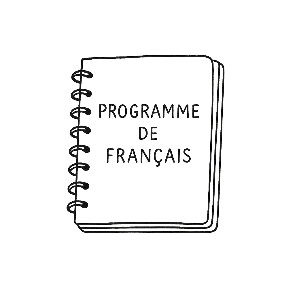 A black and white line drawing of a spiral-bound notebook with the text 'PROGRAMME DE FRANÇAIS' on the cover.