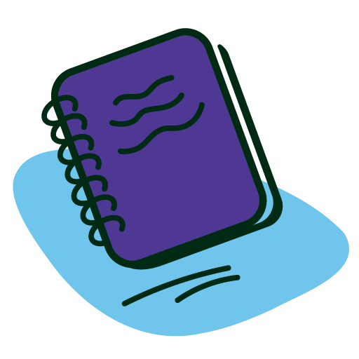 A drawing of a purple spiral notebook with writing lines on the cover, resting on a blue surface.