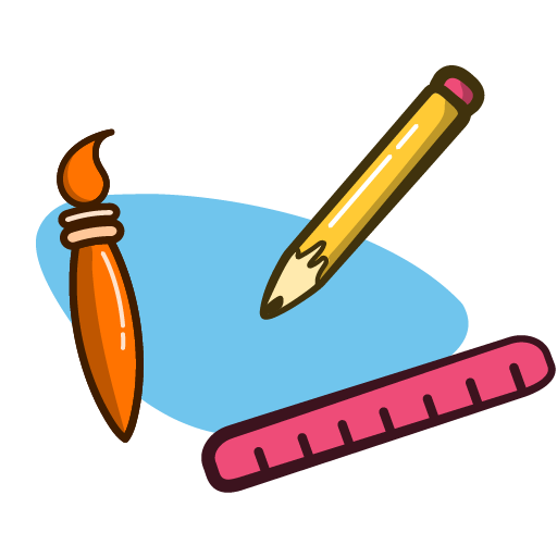 Illustration of a pencil, ruler, paintbrush, and paint on a blue background.