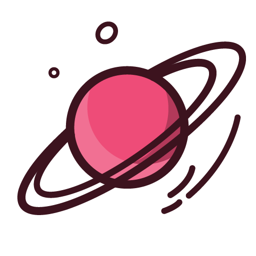 Stylized pink planet with rings and smaller surrounding circles, representing a space or planetary theme.