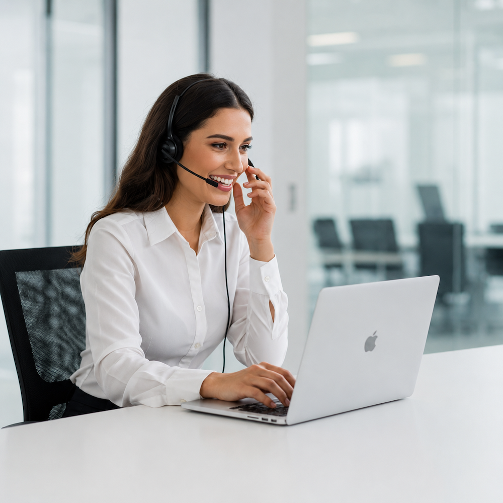 Customer acquisition representative speaking with a prospective client from a modern sales office