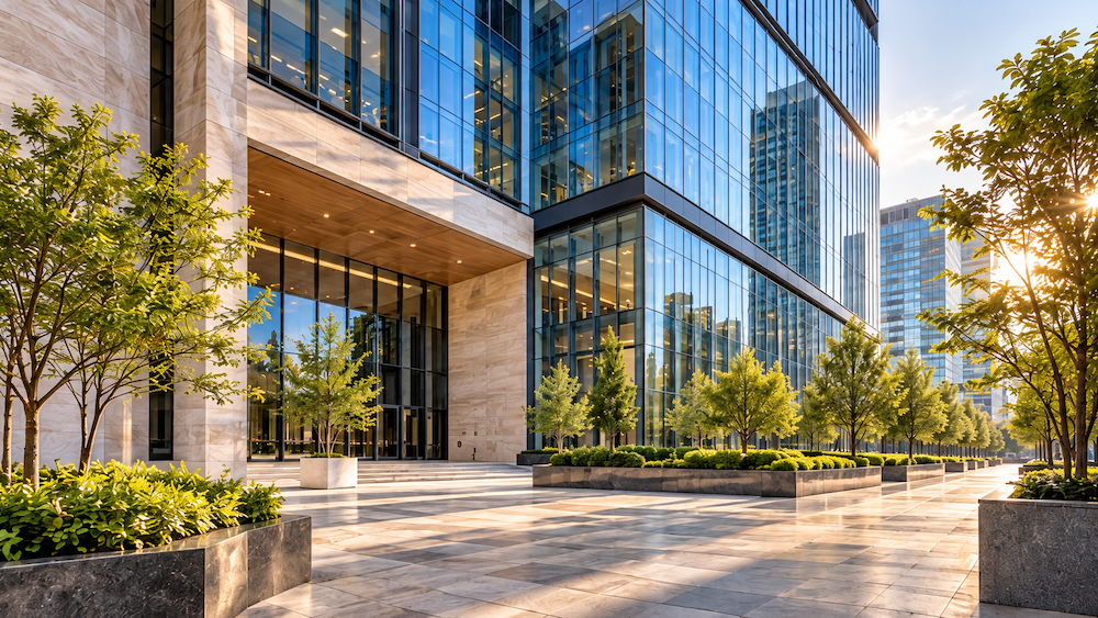 Modern glass office building with a landscaped entrance in warm afternoon sunlight