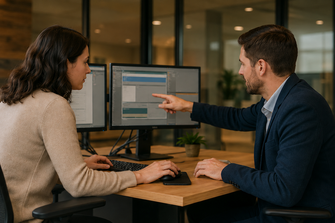 Revenue infrastructure advisor collaborating with a client on a computer to optimize their business structure and sales pipeline