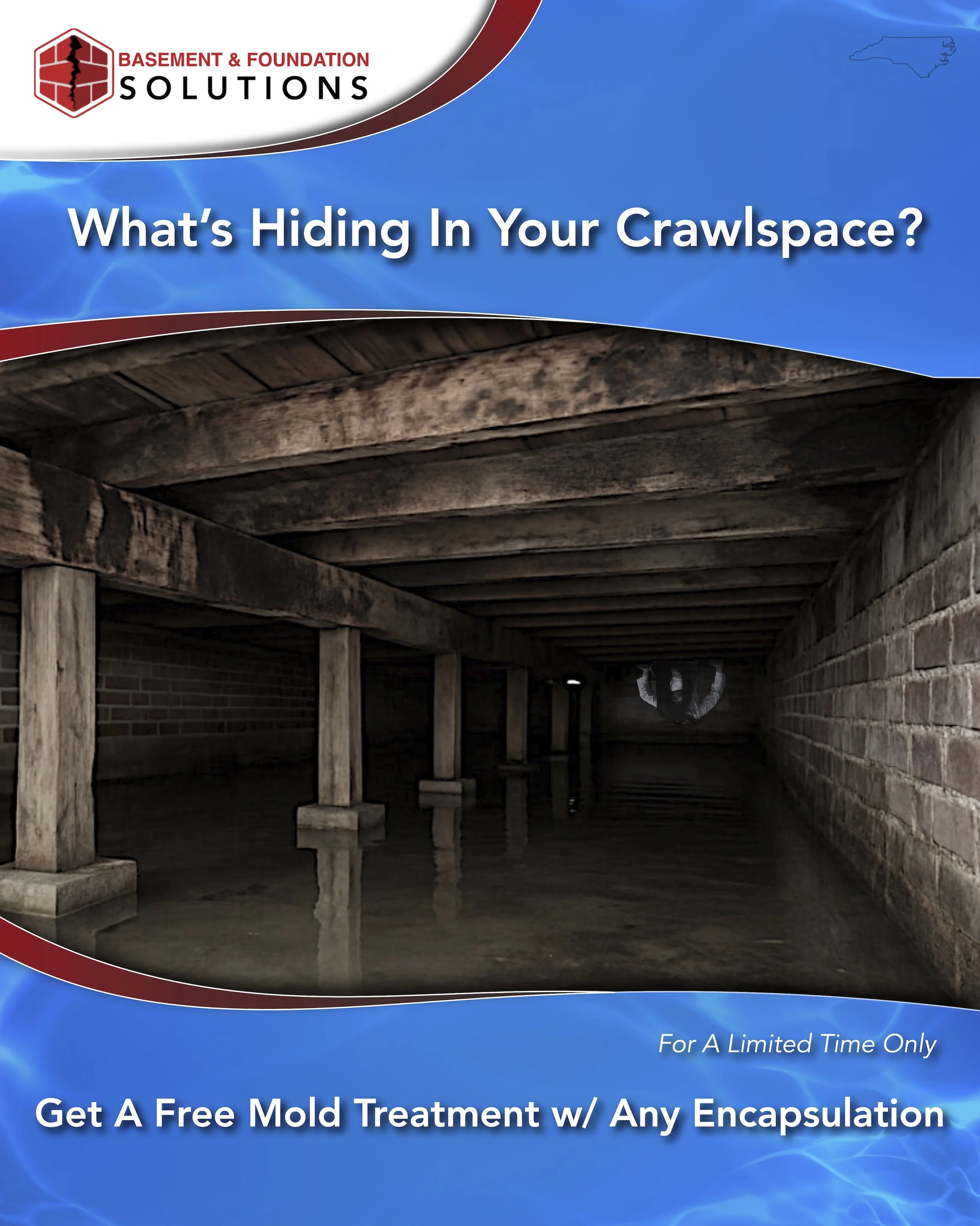 Unique crawlspace encapsulation ad showing standing water and mold risk with headline about what is hiding in your crawlspace