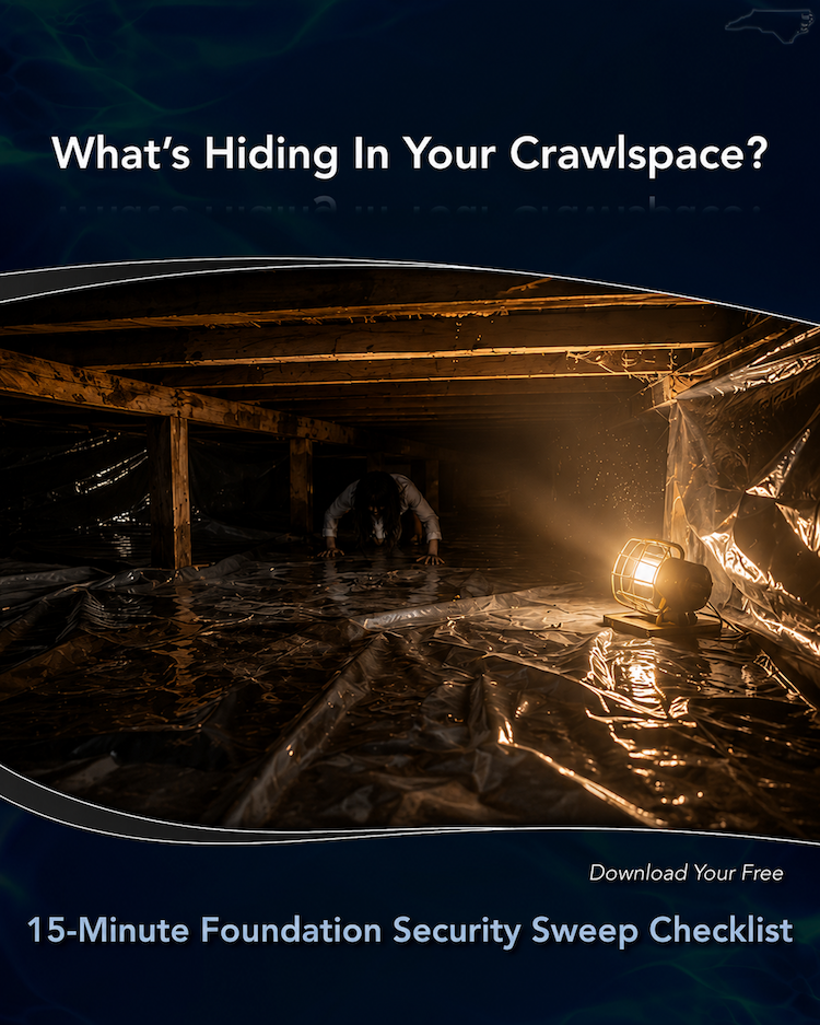 Crawlspace moisture ad showing standing water, vapor barrier, and inspection light
