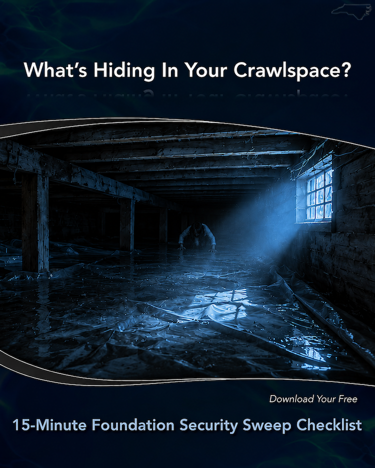 Dark flooded crawlspace ad promoting a free foundation security sweep checklist for homeowners