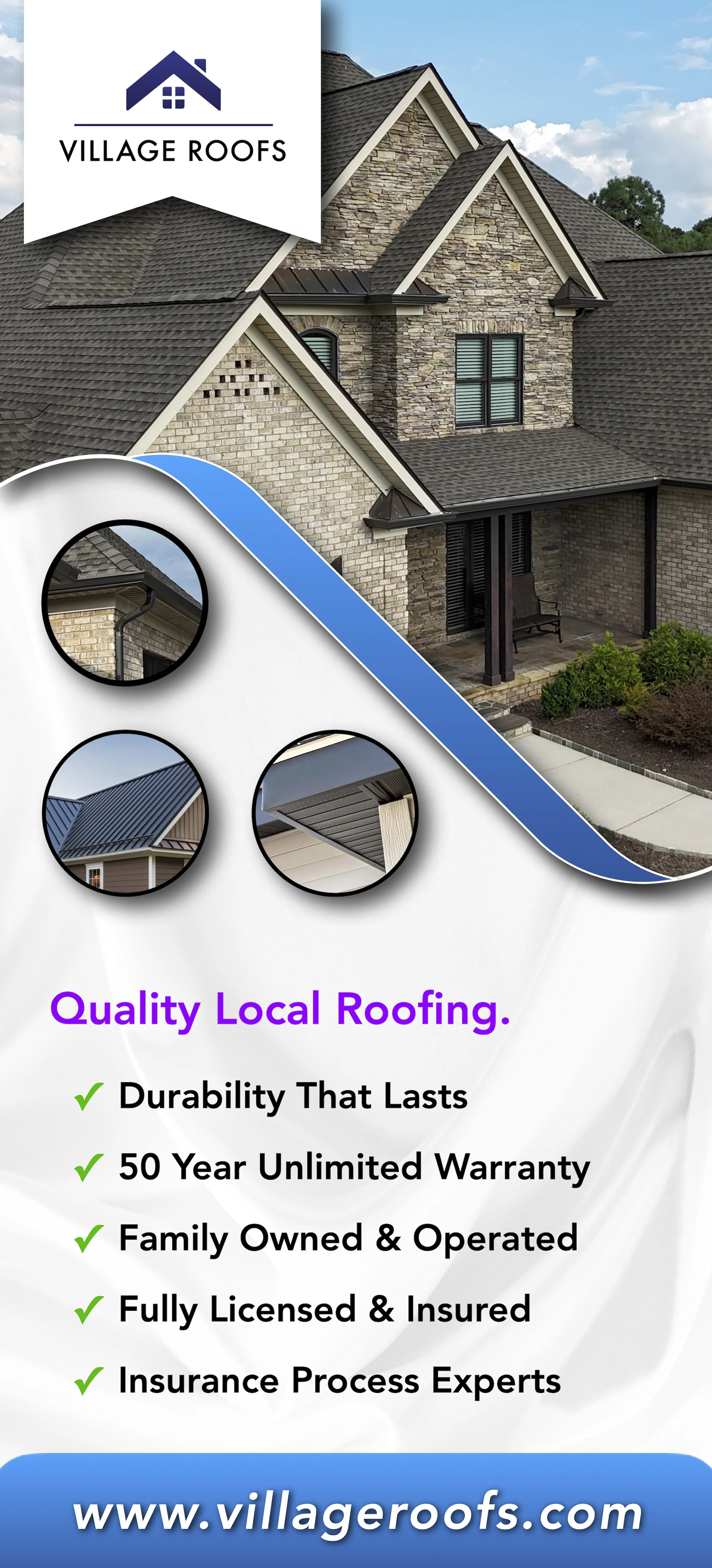 Village Roofs roofing flyer highlighting durability, warranty, and insurance expertise for local lead generation