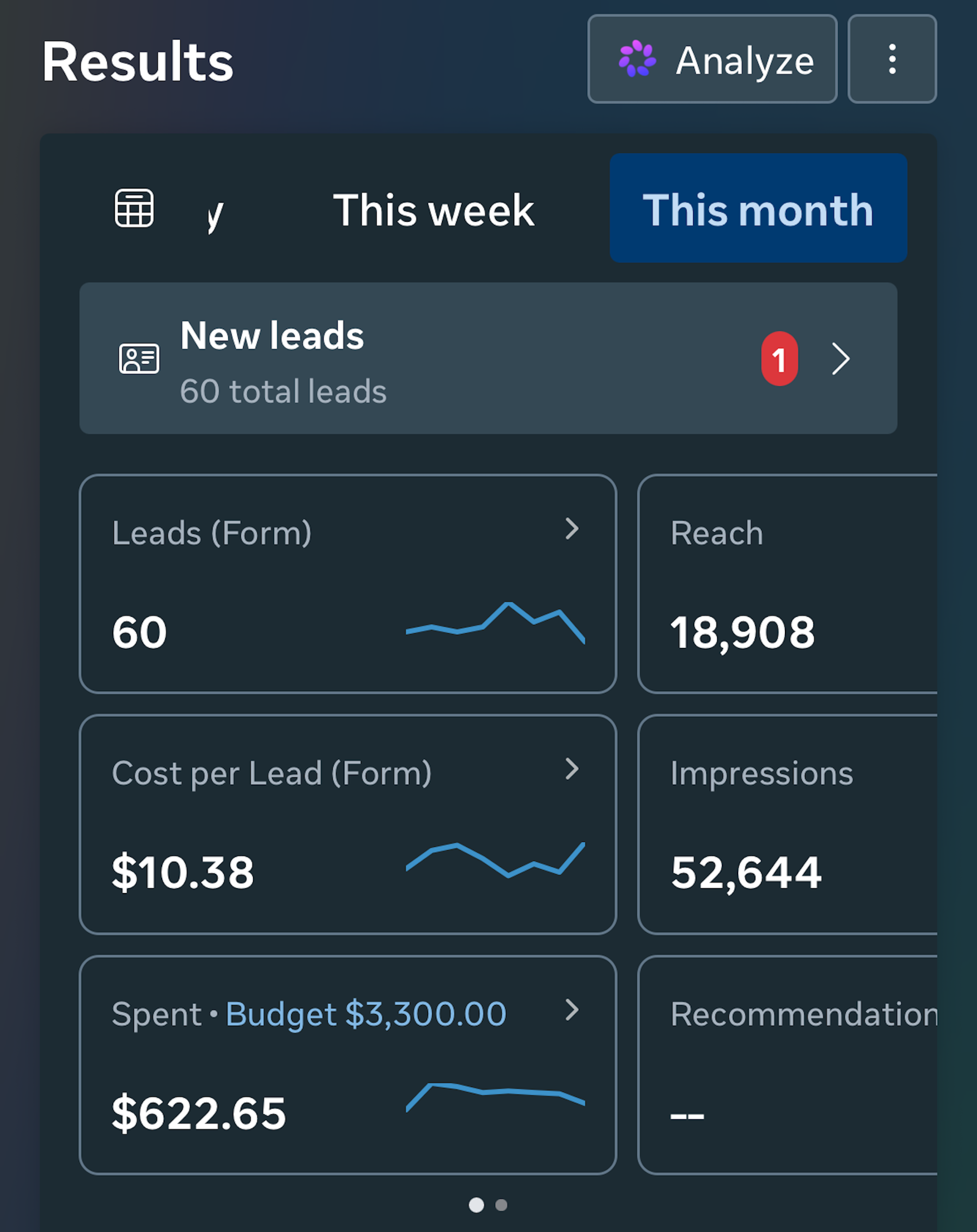 Meta advertising campaign results showing over 60 new leads generated in less than two weeks for a client of Driscoll Media Group