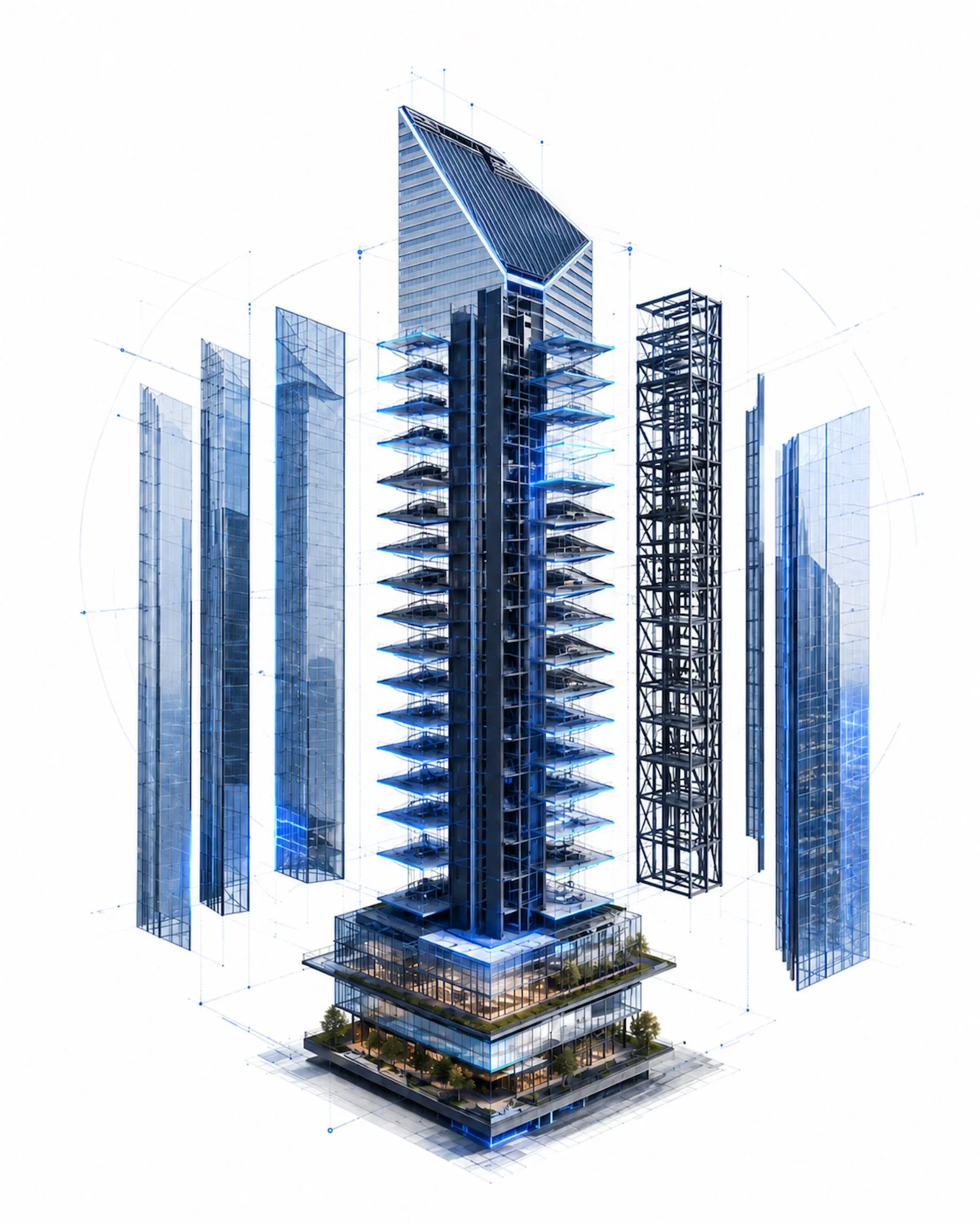 exploded architectural rendering of a high-rise building illustrating the strategic structure behind an acquisition engine