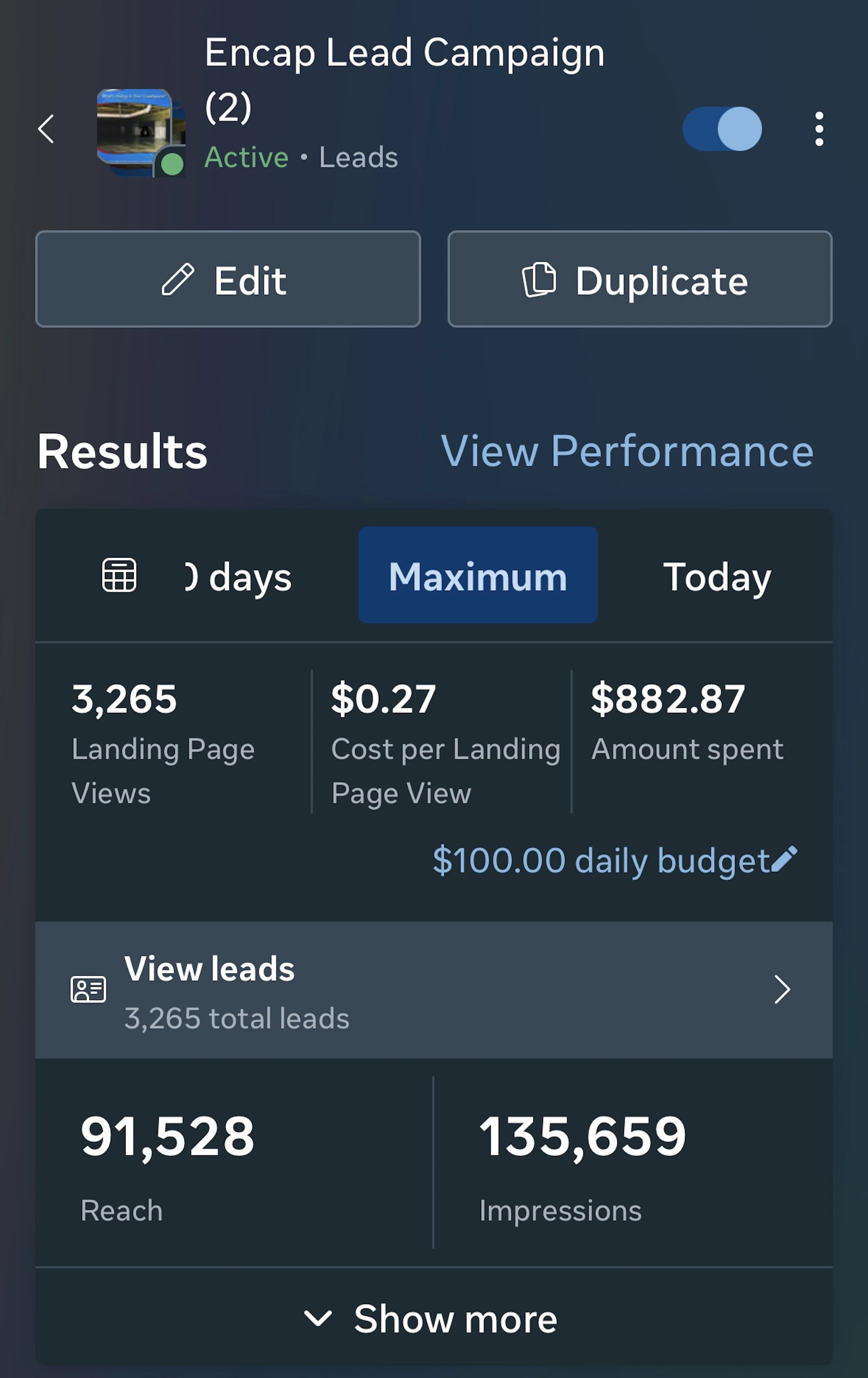 lead generation campaign performance dashboard showing cost per lead reach and results from a paid advertising strategy