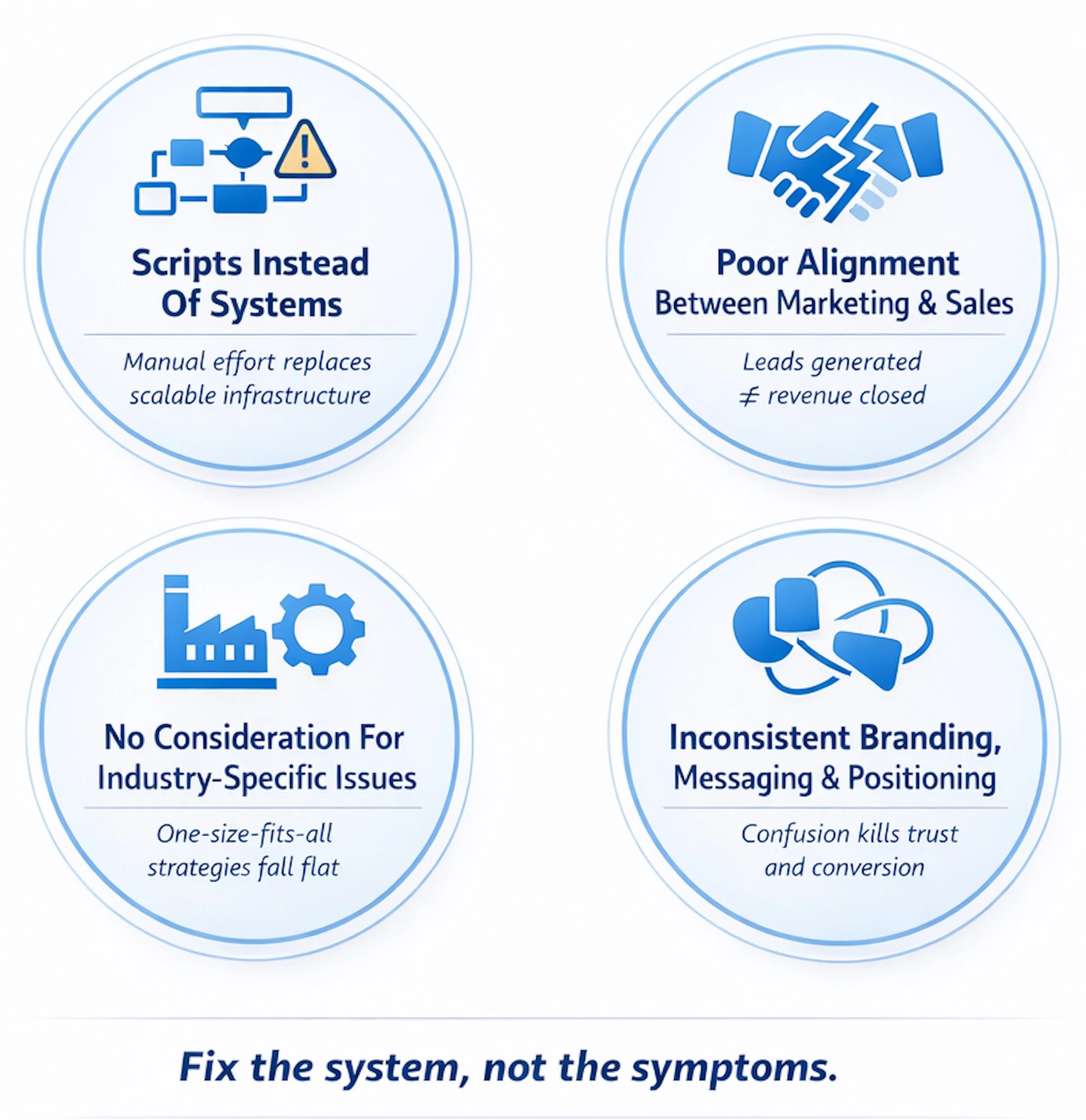 infographic showing sales training program failures are caused by poor alignment lack of systems weak messaging and inconsistent positioning